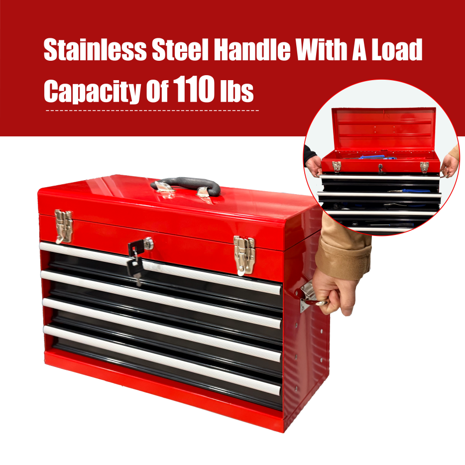 Heavy Duty Metal Tool Box 21-Inch with 4 Drawers, Locking & EVA Liners - Portable Steel Organizer, Red & Black