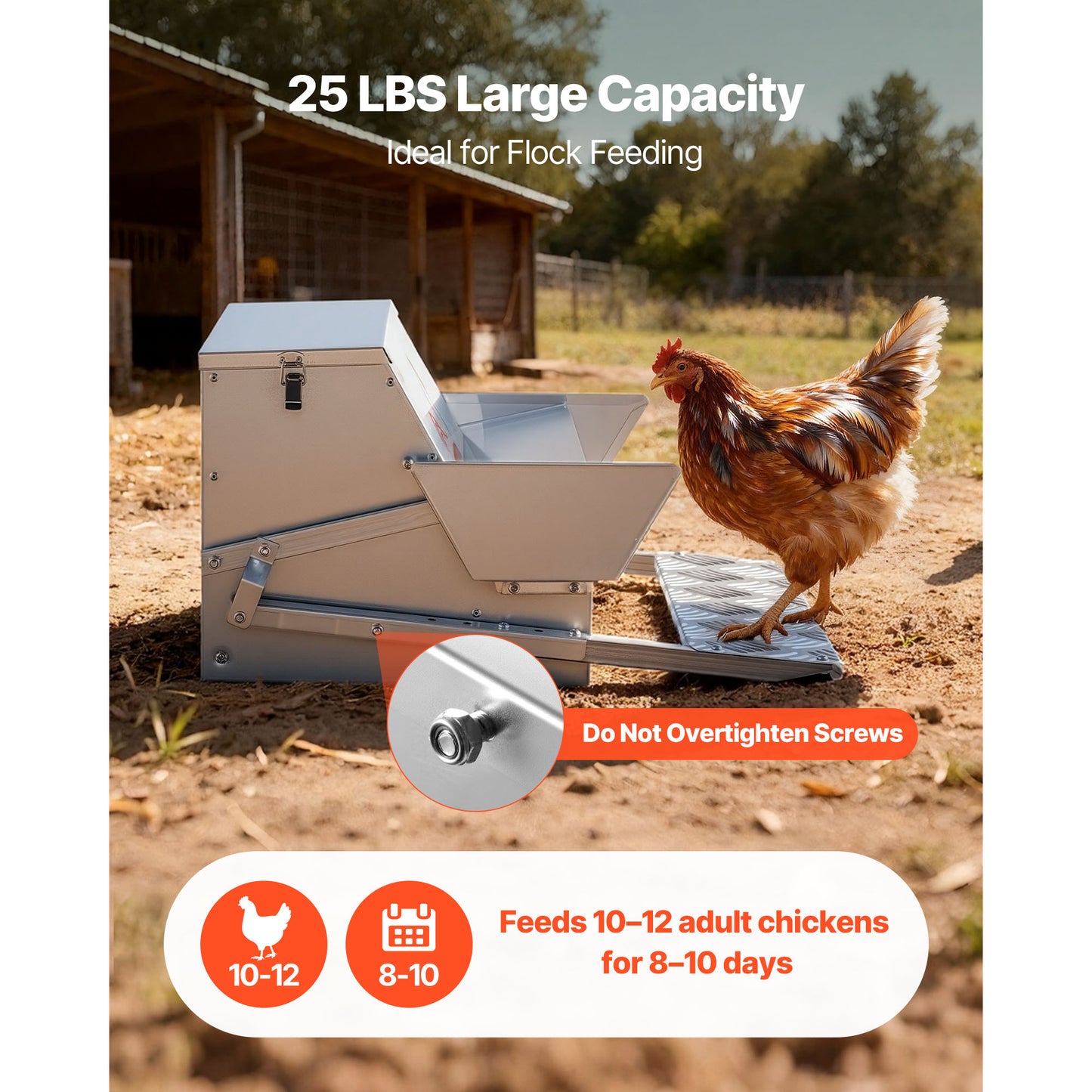 Automatic Chicken Feeder 25L Rainproof Galvanized Poultry Treadle Lockable Lid