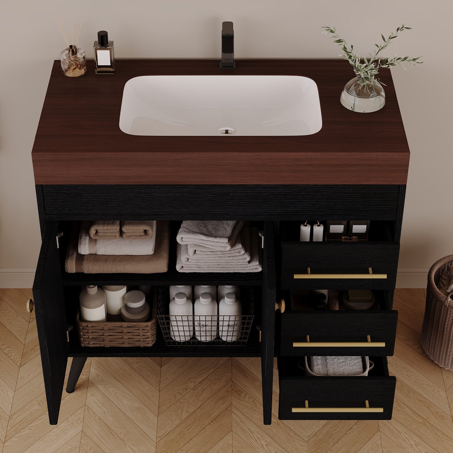 36" Freestanding Bathroom Vanity with Ceramic Sink & Faux Marble Top - Black Walnut