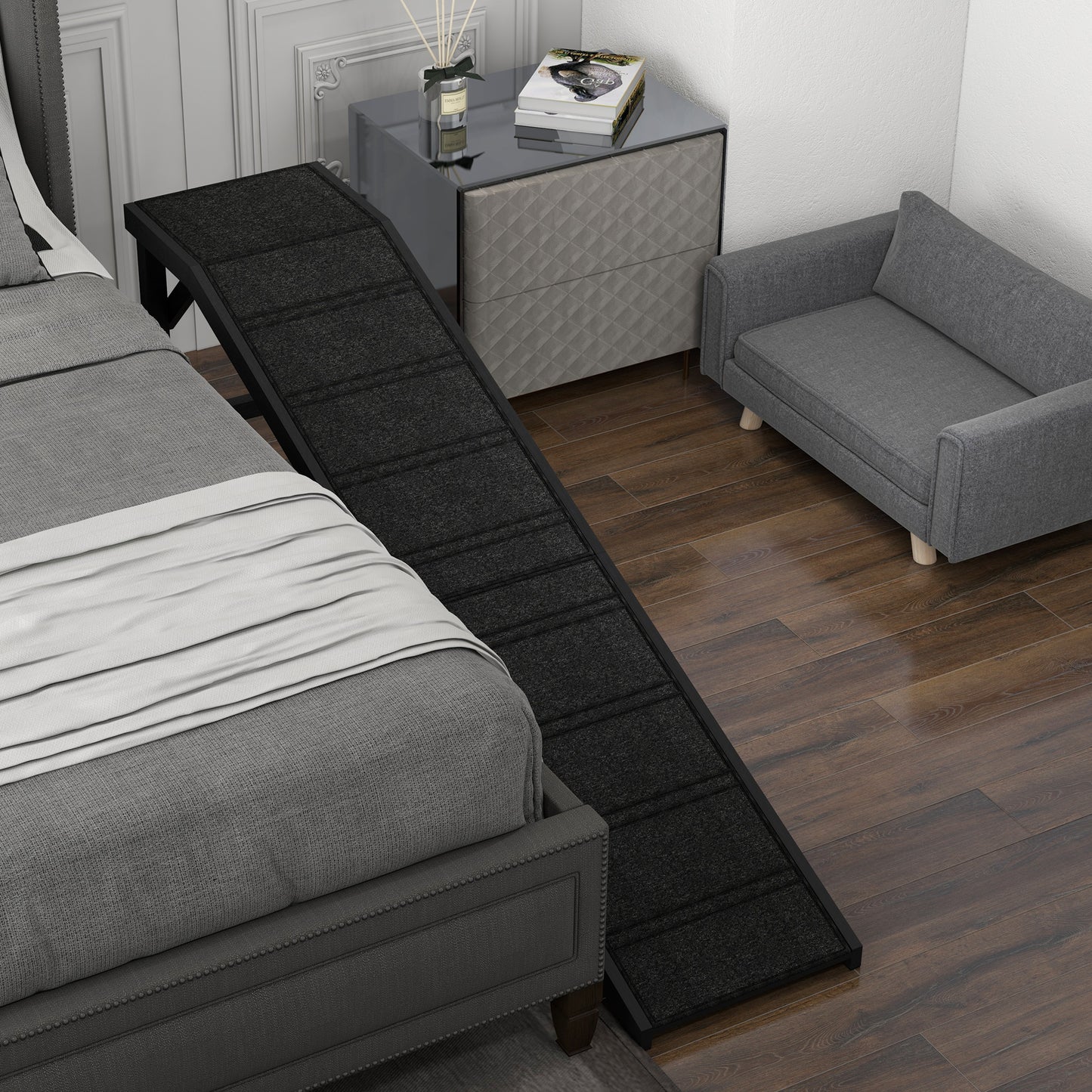 Dog Ramp with Non-Slip Carpet and Top Platform - 74 x 16 x 25 Inches, Black