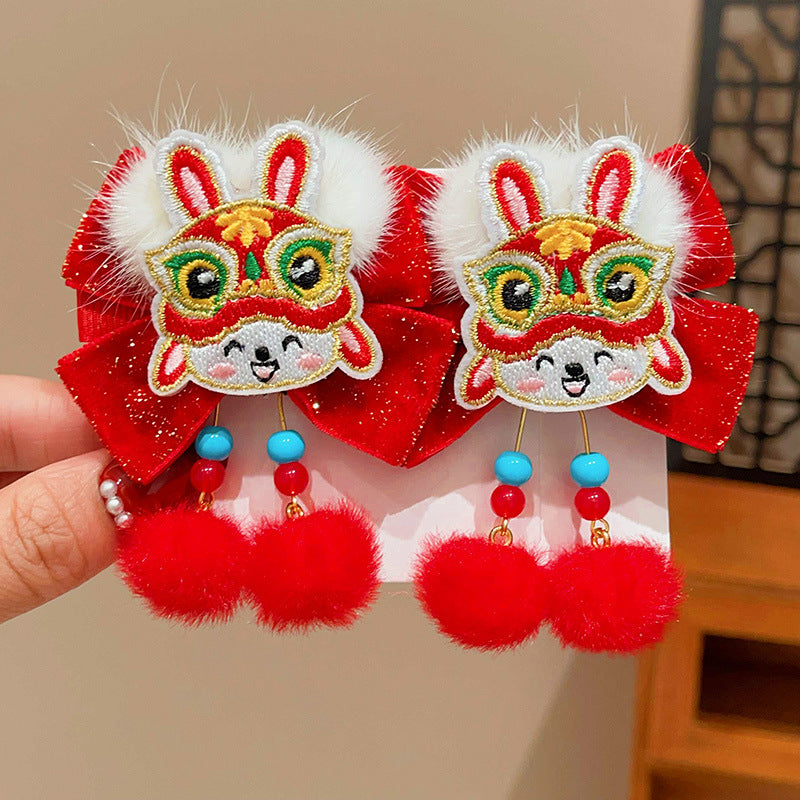 Chinese-Style Lion Dance Hair Clips for Kids - Handmade Pair