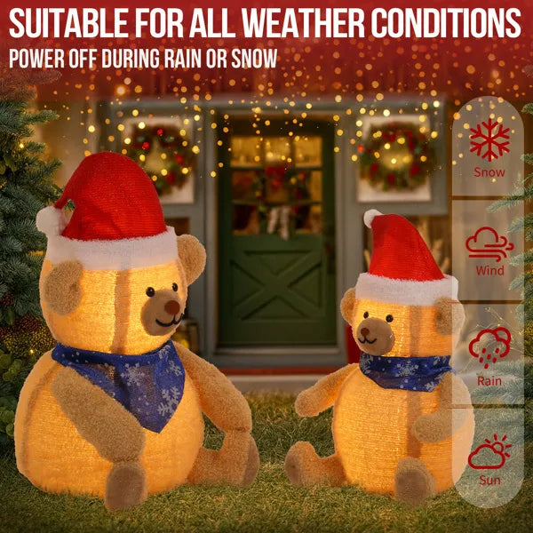 Set of 2 Lighted Plush Bear Christmas Decorations with 60 LED Lights
