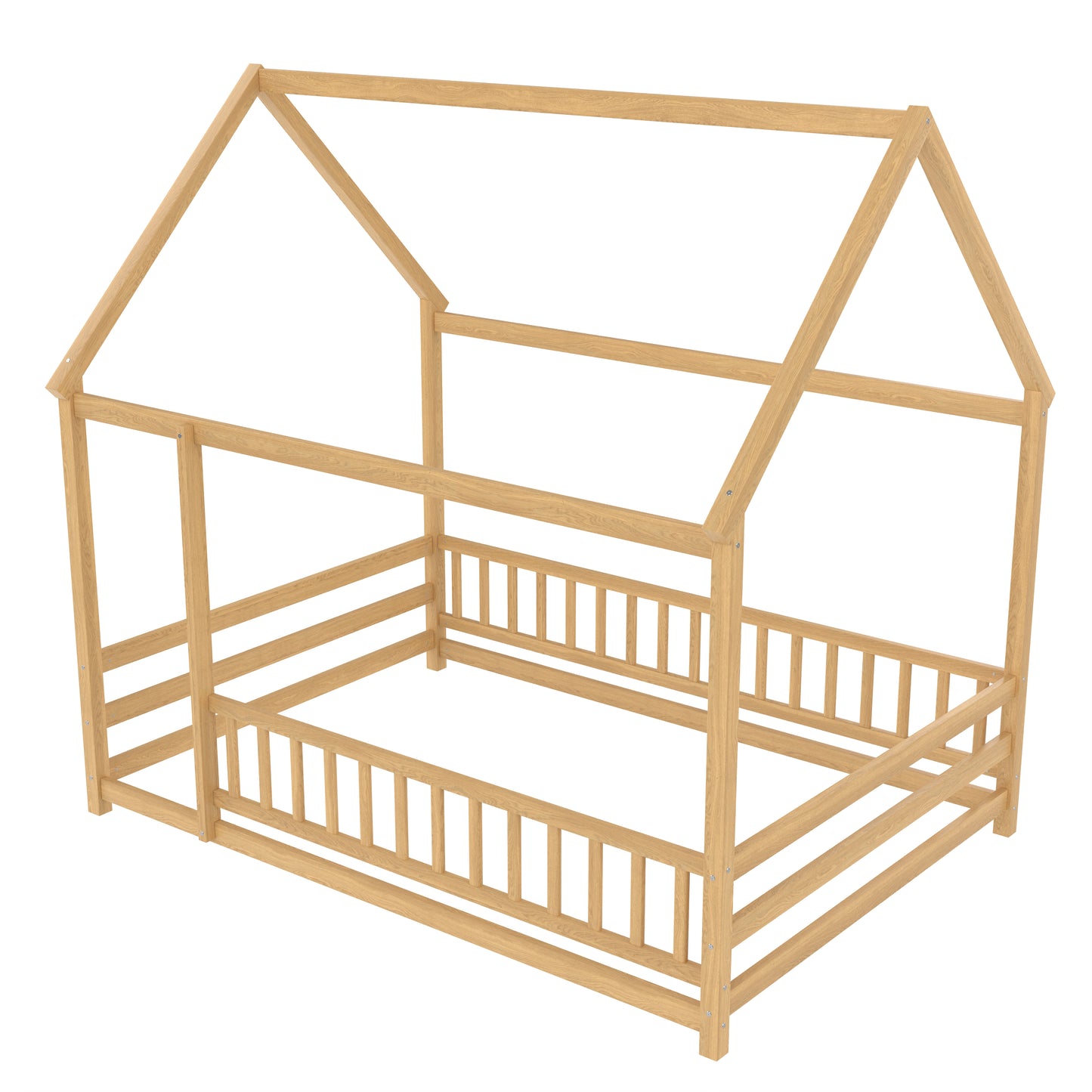 Full Size Wooden Bed with House Roof Frame & Guardrails - Natural