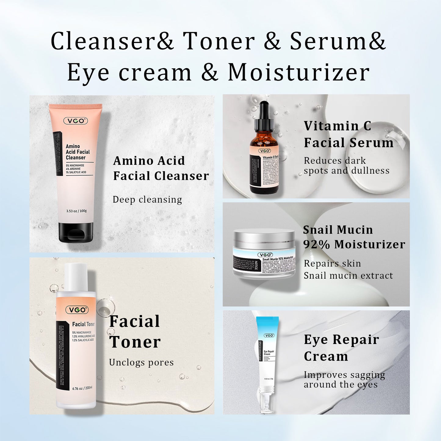 5-Step Facial Skincare Routine Set - Cleanser, Toner, Serum & Moisturizer