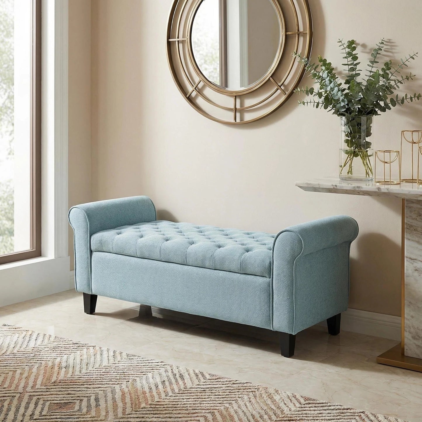 Light Blue Fabric Storage Bench with Rolled Arms - 38" Seat Width