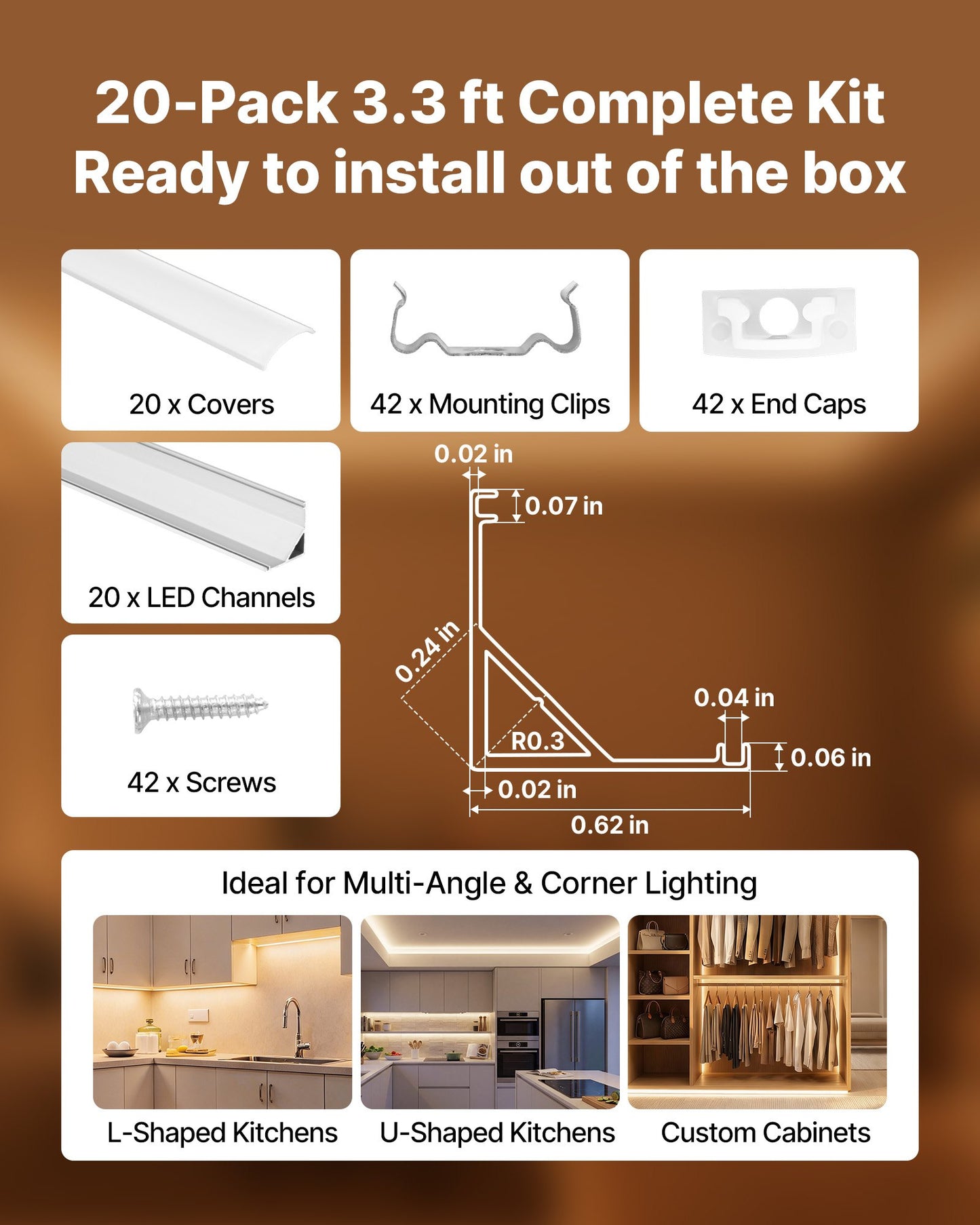 20-Pack LED Aluminum Channel with Milky Cover for Under Cabinet Lighting - Black