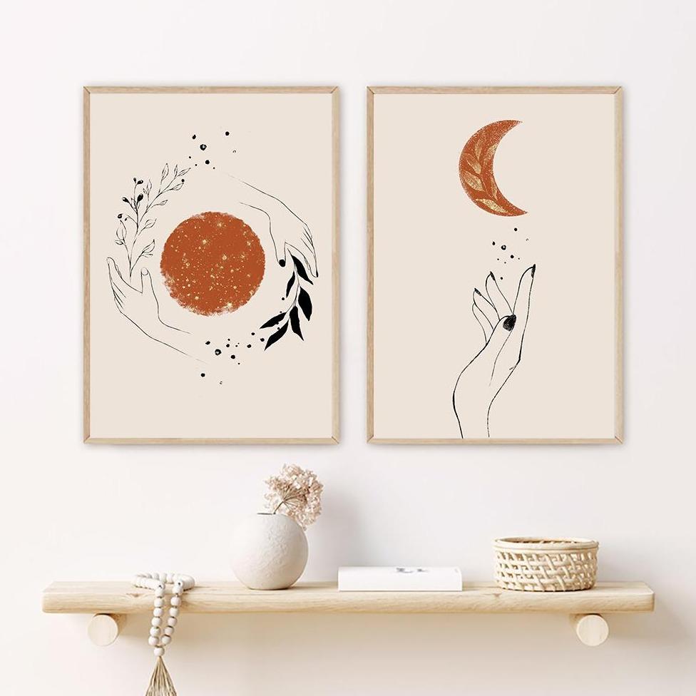 Nordic Abstract Art Canvas Wall Decor Sun and Moon Line Gold Foil Print