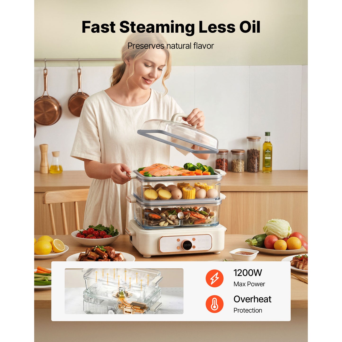 Electric Food Steamer 10.6 QT Glass & Stainless Steel Trays 1200W for Veggies Seafood Rice