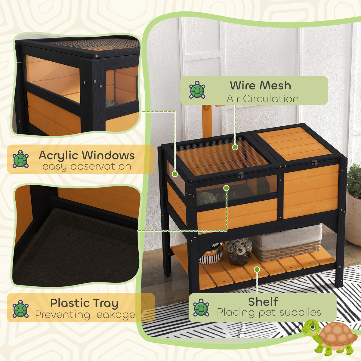 Pet Tortoise Habitat with Shelf Storage and Weather Protection - Indoor Use, Yellow