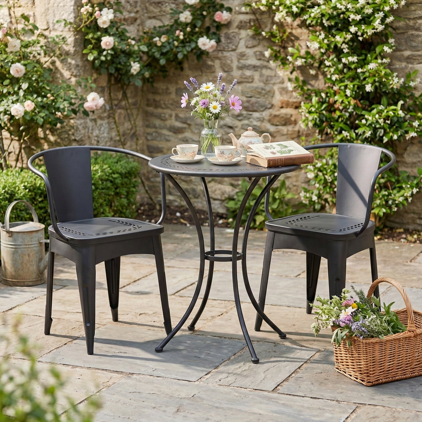 LOURDES 3-Piece Black Metal Bistro Set for Patio