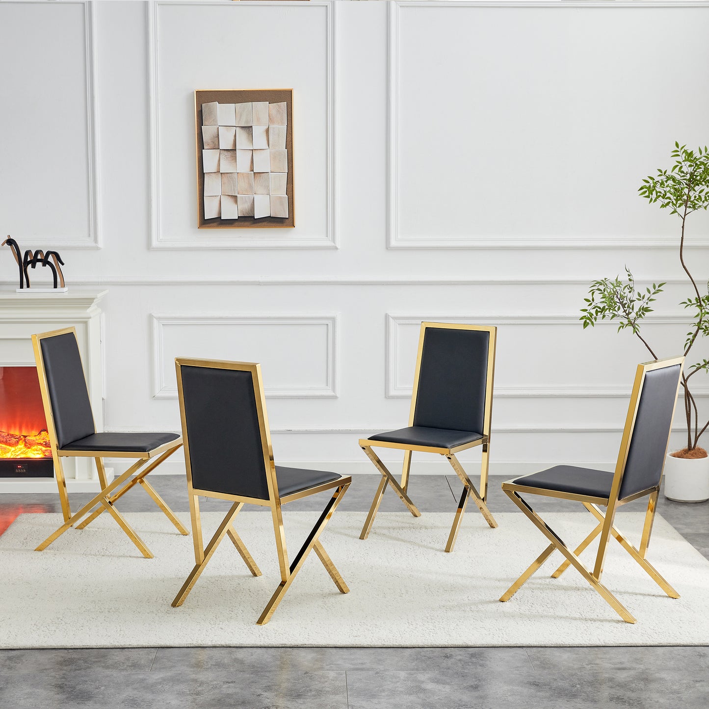 4-pack Gold Metal Framed Black PU Dining Chairs Ergonomic Design, A