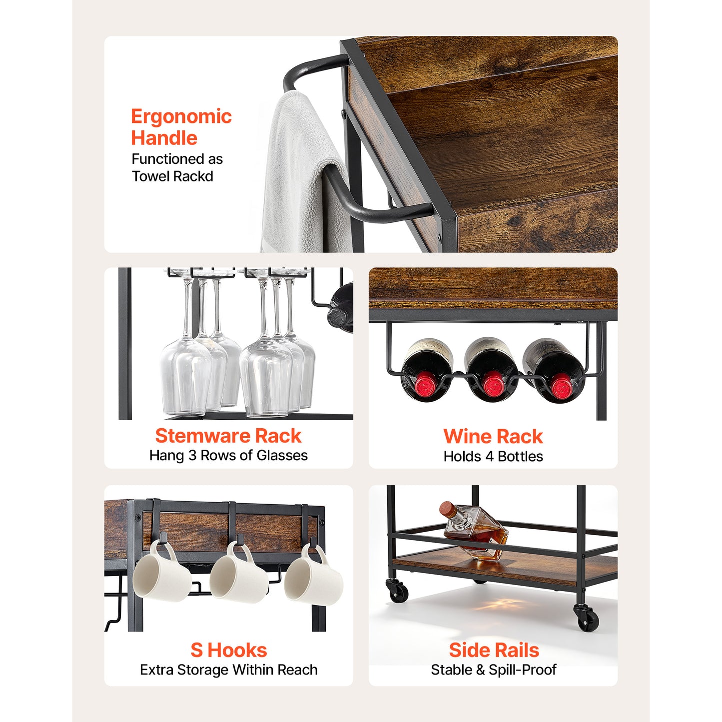 Bar Cart with 3 Tiers - Rustic Industrial Rolling Serving Cart with Wine Rack & Glass Holder