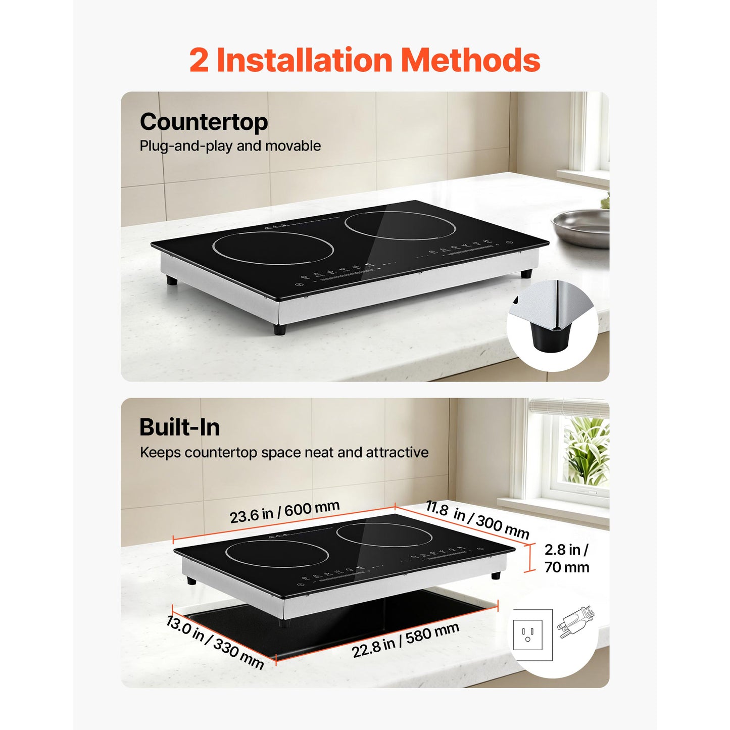 24-Inch Electric Cooktop with 2 Burners, 1800W Portable Stove, Touch Control, Timer & Safety Features