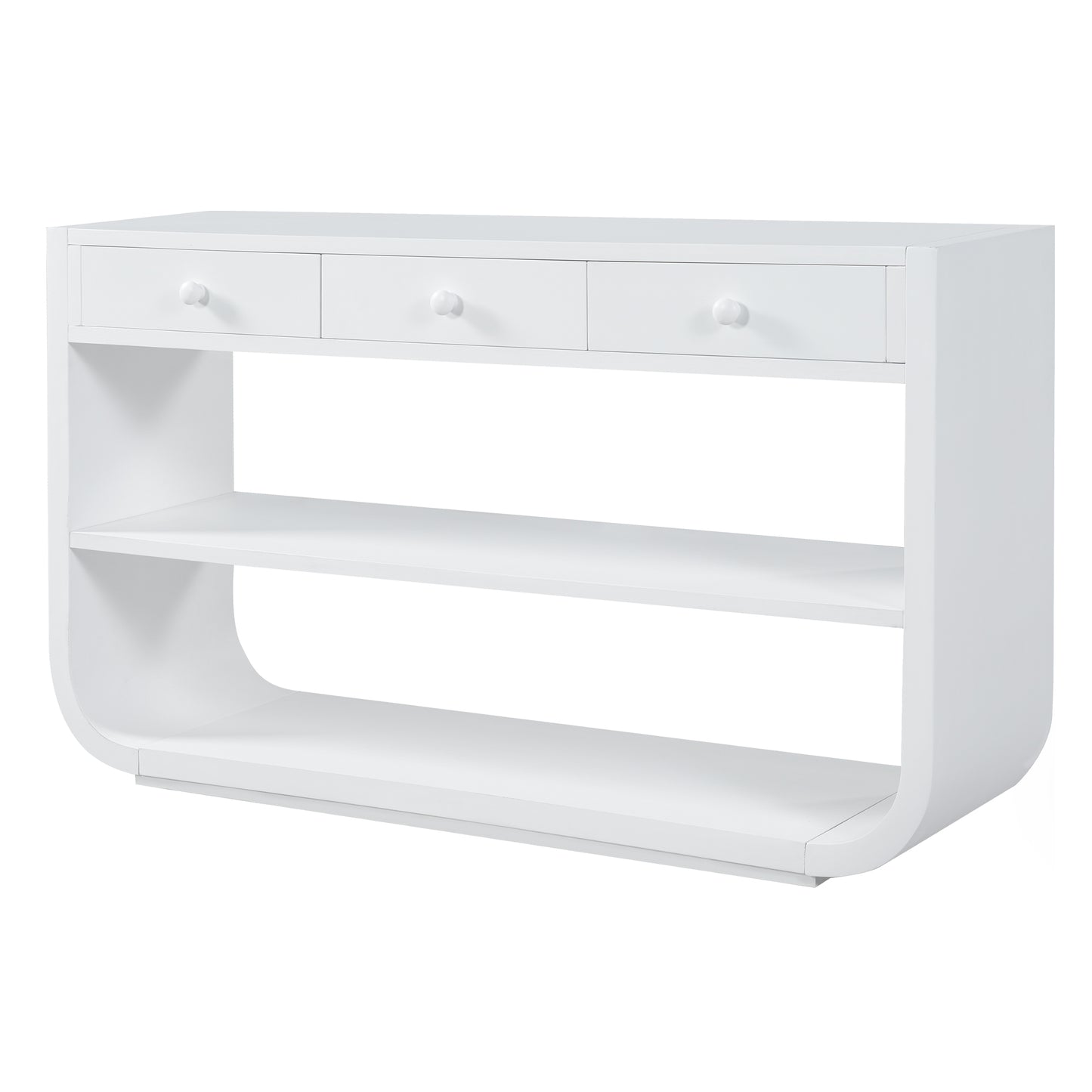 Modern Curved Console Table with 3 Soft-Close Drawers & 2 Shelves - White