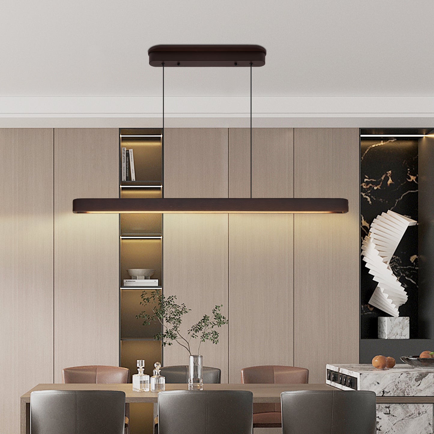 39-Inch Walnut Wood LED Pendant Light - Adjustable Modern Fixture
