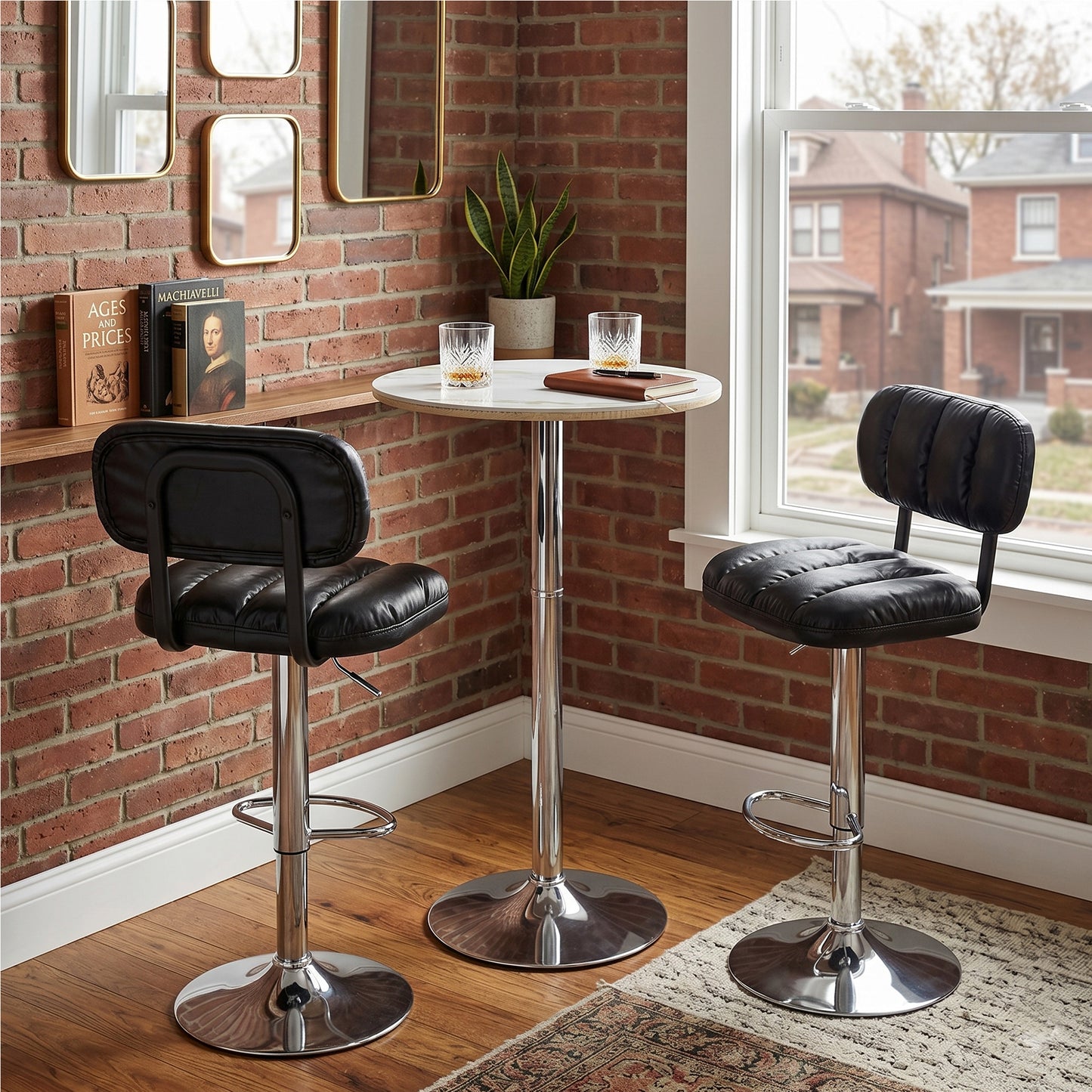 Set Of 2 Adjustable Height Bar Stools, Black PU Leather Upholstered