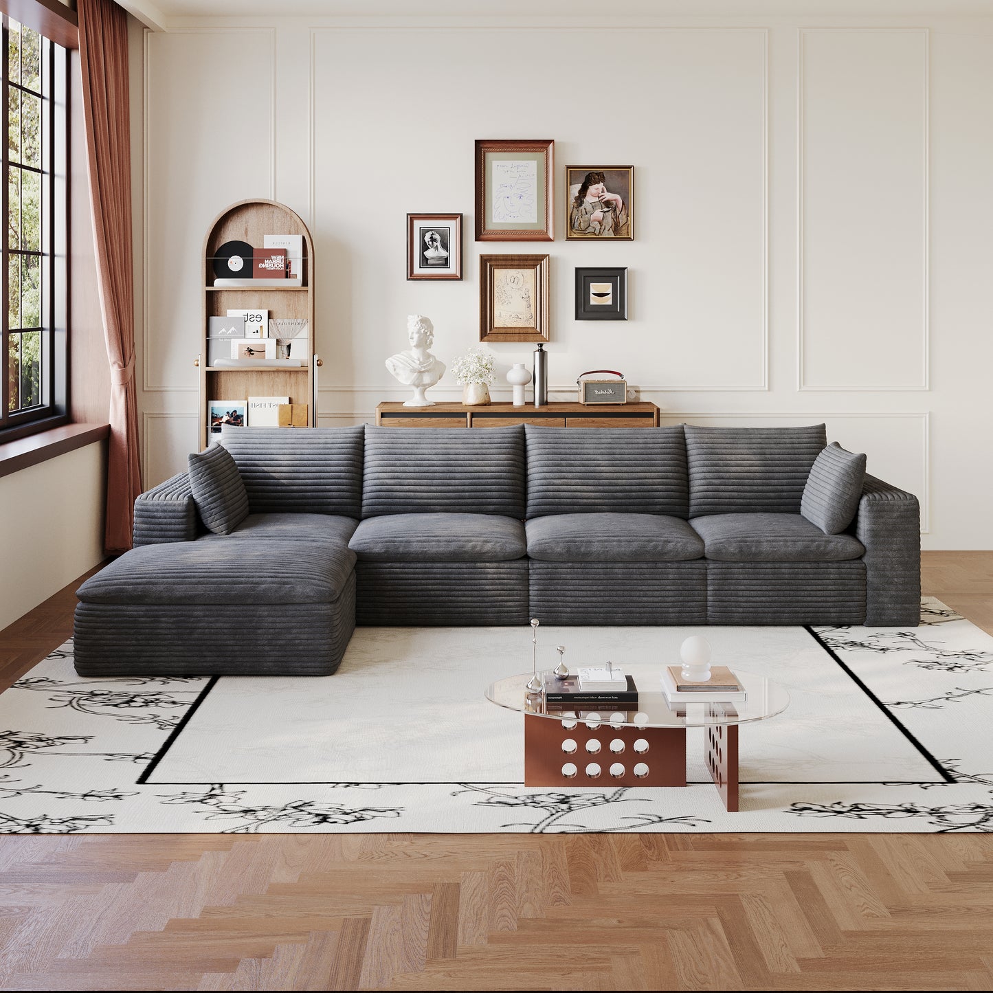 134" Cloud Sofa - Dark Grey Corduroy Fabric, Deep Seat, Removable Cushion