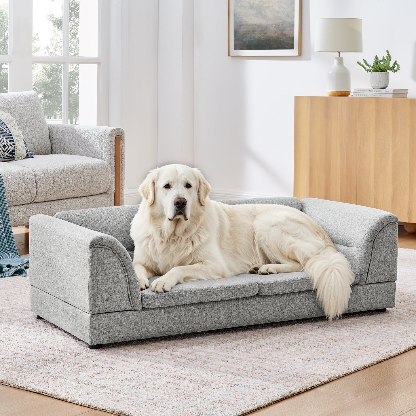 Large Oversized Linen Pet Sofa Bed with Curved Armrest for Dogs & Cats - Light Grey