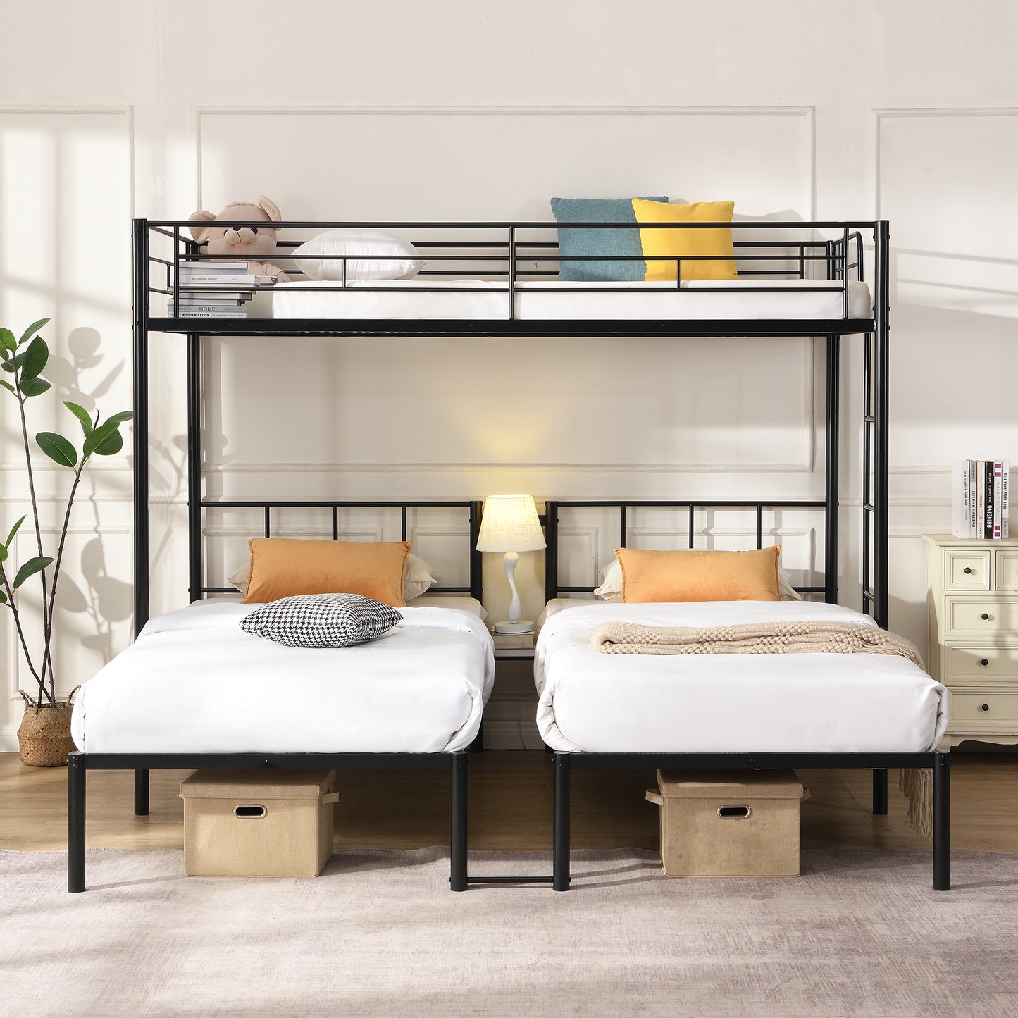 Triple Bunk Bed - Twin Over Twin Metal Frame with Safety Rail - Black