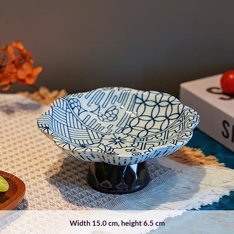 Blue and White Hand-Painted Ceramic Fruit Bowl - High Footed Decorative Centerpiece
