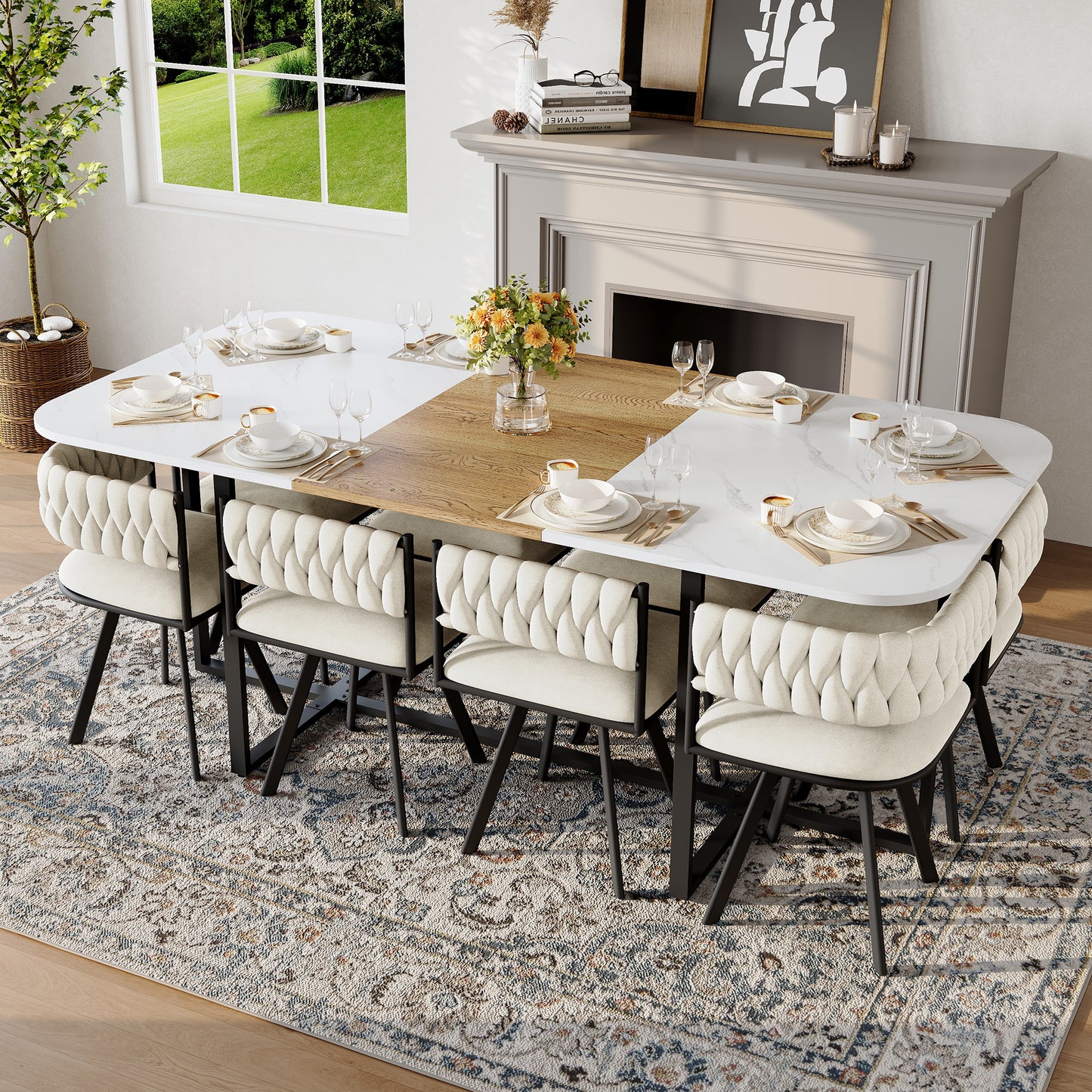 9-Piece Square Dining Table Set, Fixed White Faux Marble & Wood Grain