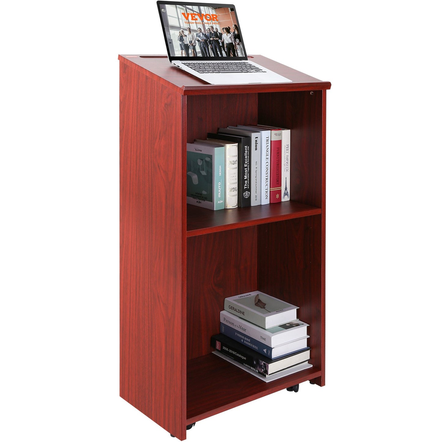 47-Inch Podium Stand with Rolling Wheels and Storage Shelves