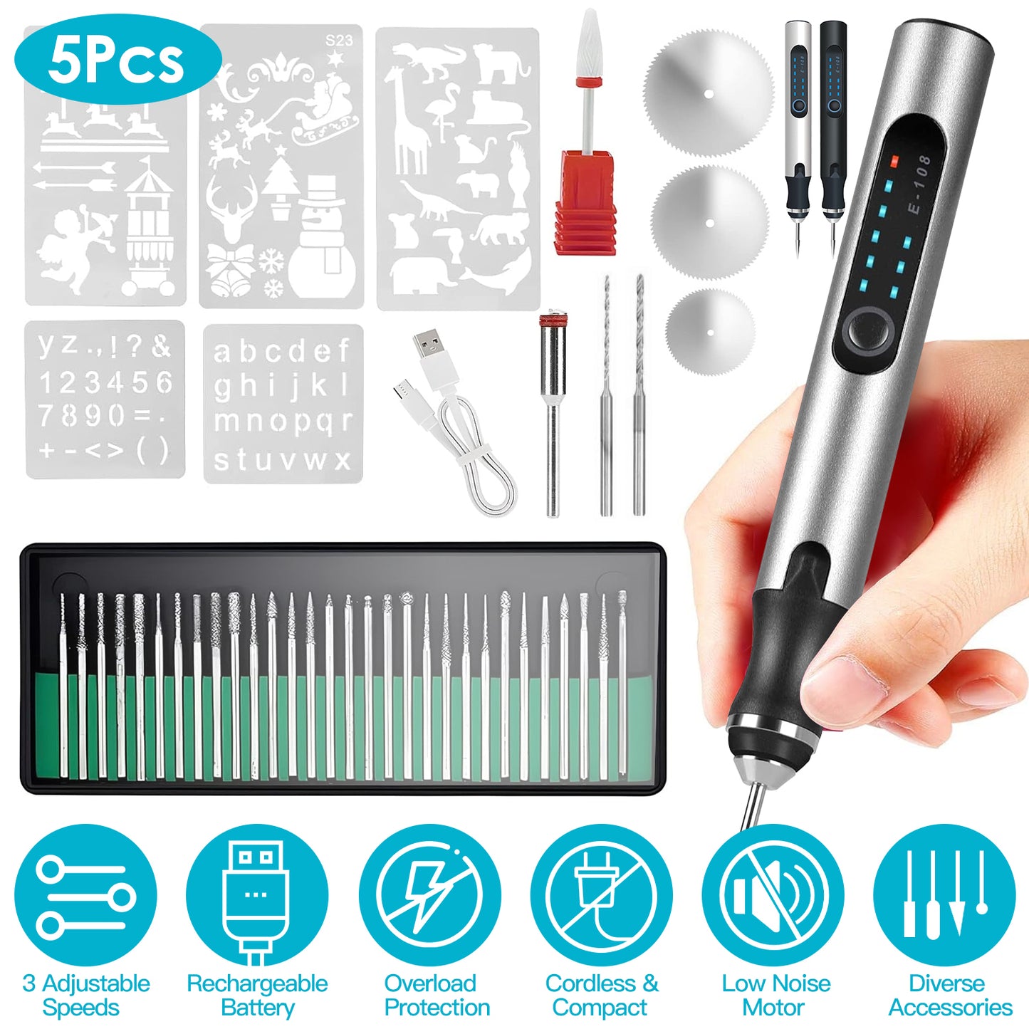 Electric Engraving Pen Kit with 33 Burr Bits and 5 Stencils - Cordless Portable DIY Etching Tool