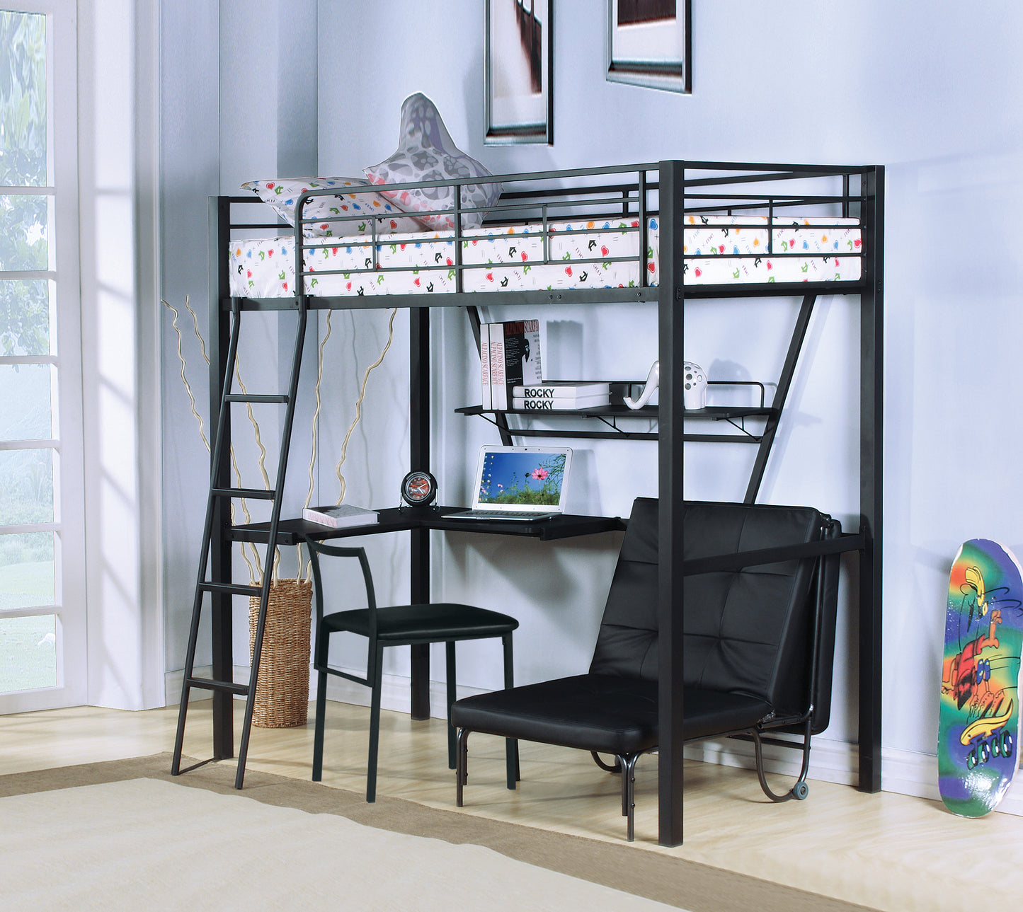 Twin Loft Bed with Desk - Silver & Black Finish