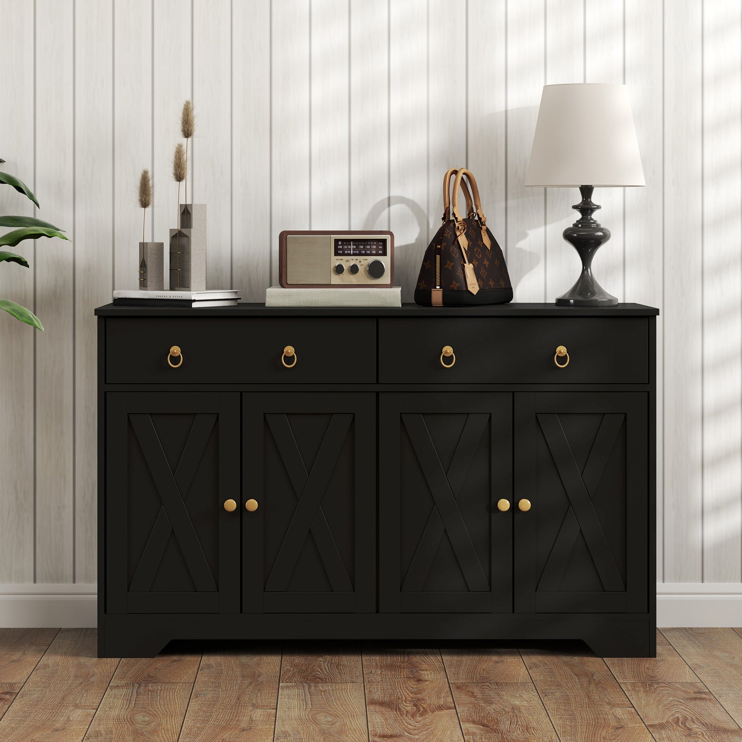 Farmhouse Kitchen Storage Sideboard with Barn Doors - Black