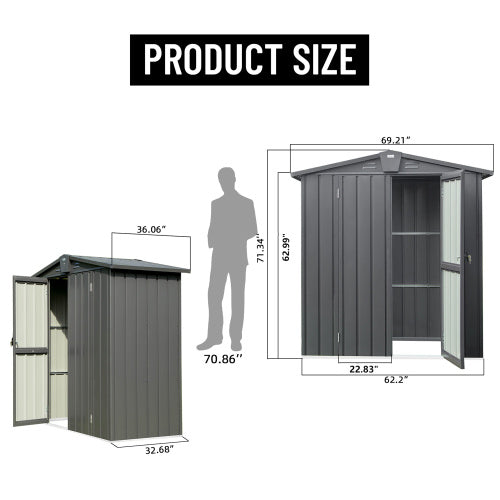 Galvanized Steel Outdoor Storage Shed 5.7x3 ft Lockable Double Doors Garden Tool Storage