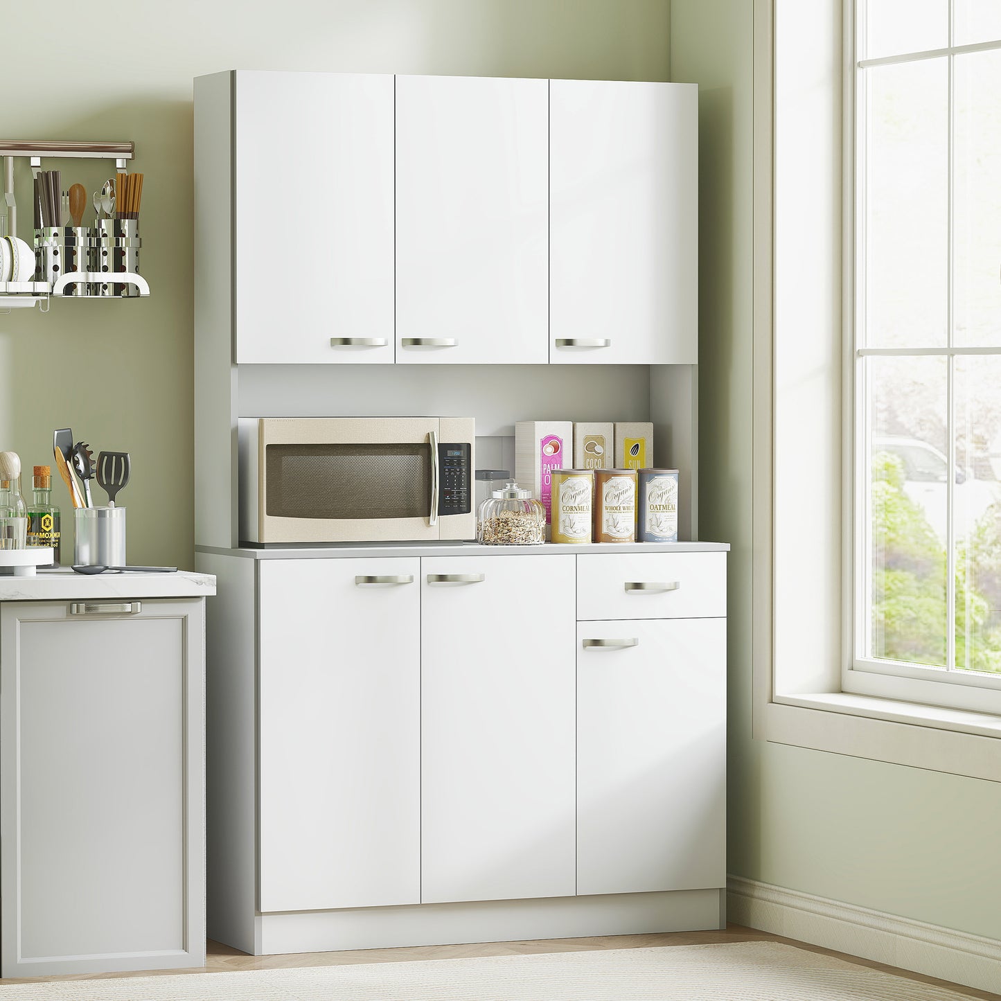 71" Modern Kitchen Pantry Cabinet with Microwave Stand - White