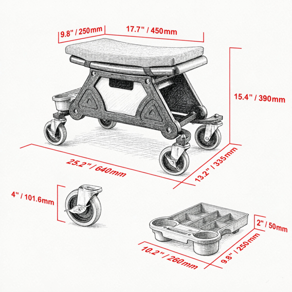 Heavy Duty Mechanical Rolling Stool with Tool Trays & 300 LBS Capacity