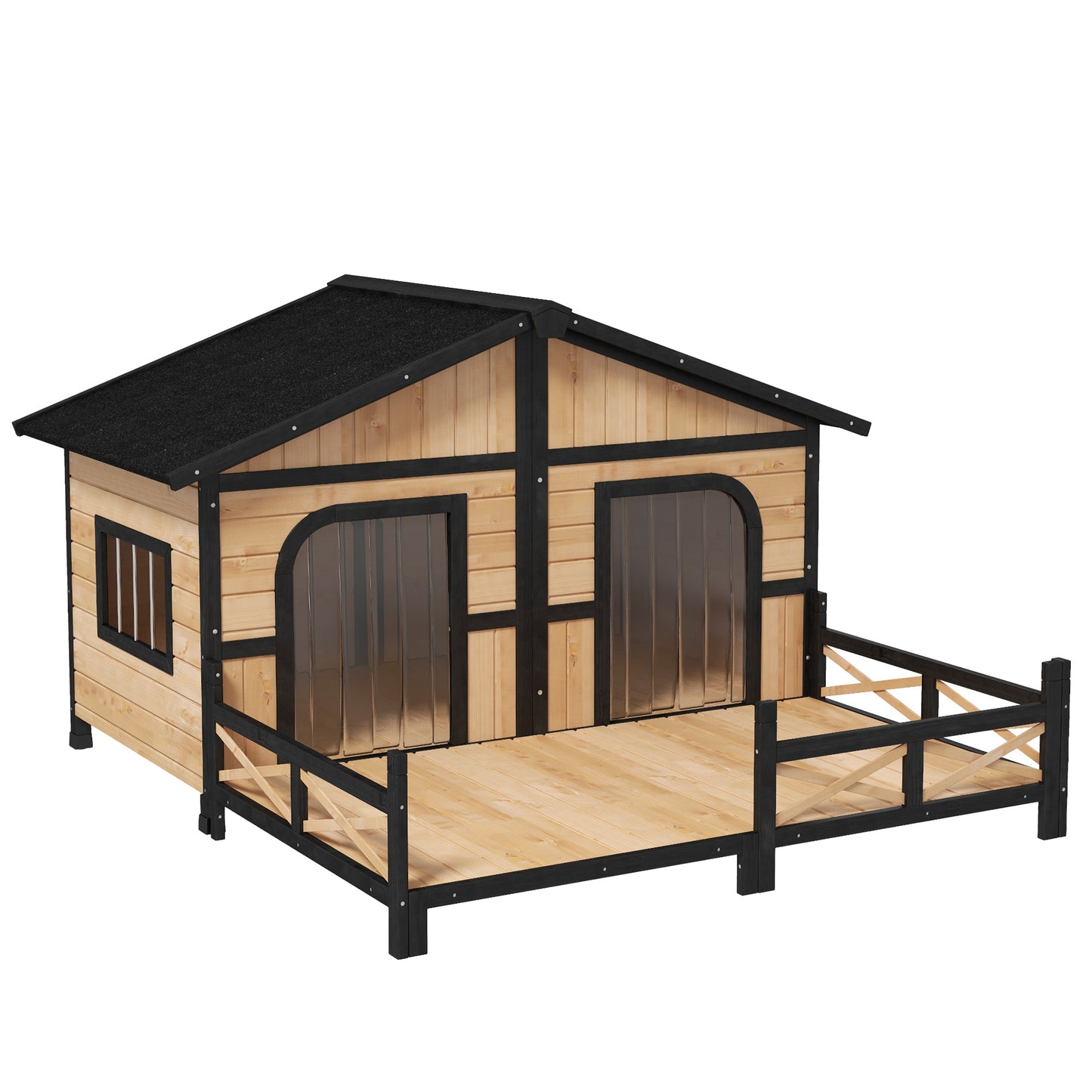 Large Wooden Dog House - Raised Weatherproof Rustic Log Cabin Style Pet Shelter