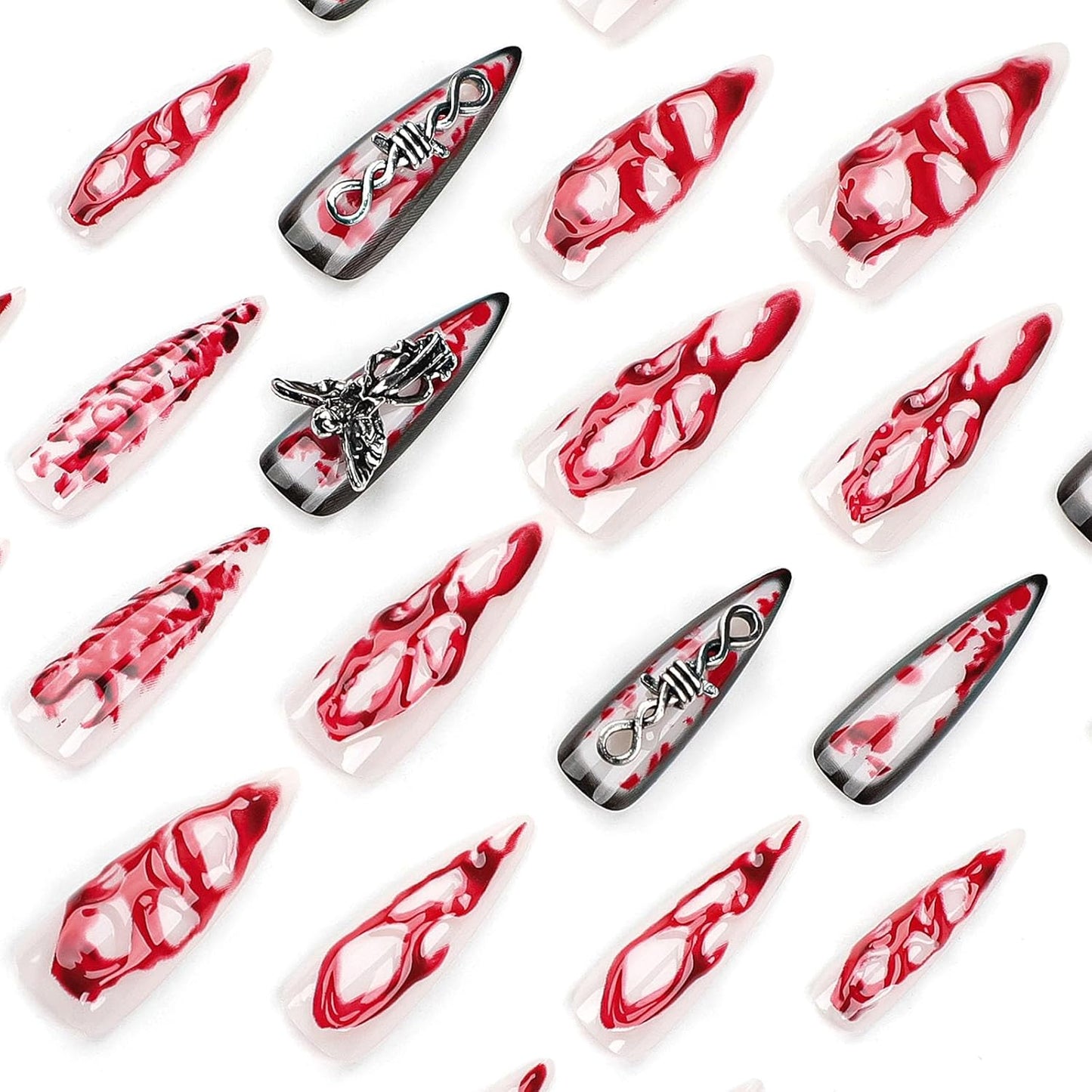 Extra Long Teardrop Press-On Nails - 3D Blood Angel Gothic Nail Art Set