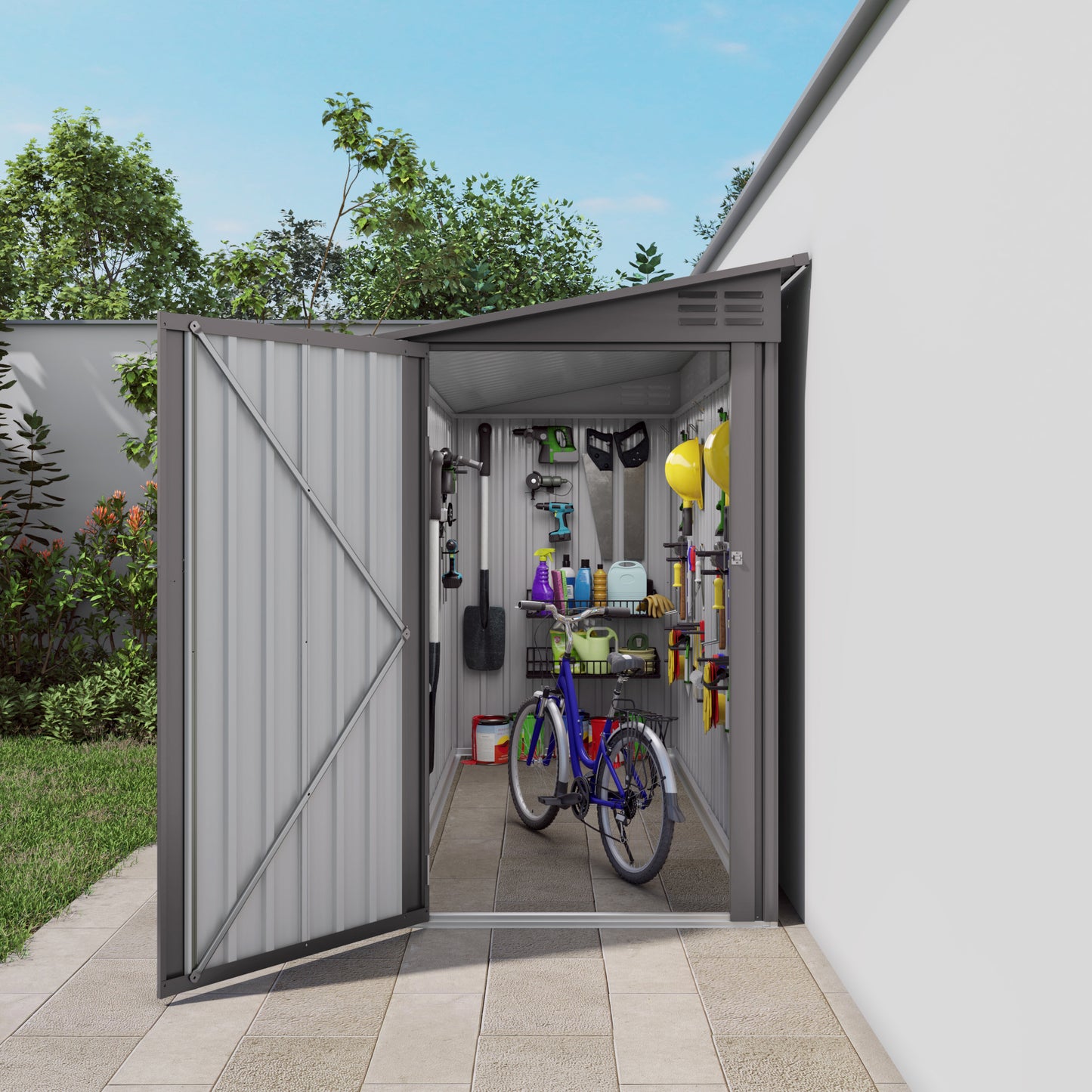 4x9 FT Lean To Shed With Windows, Metal Garden Tool House Sloping