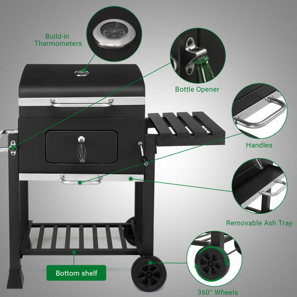 Heavy-Duty Charcoal Grill with Foldable Side Table and Wheels for Outdoor Cooking