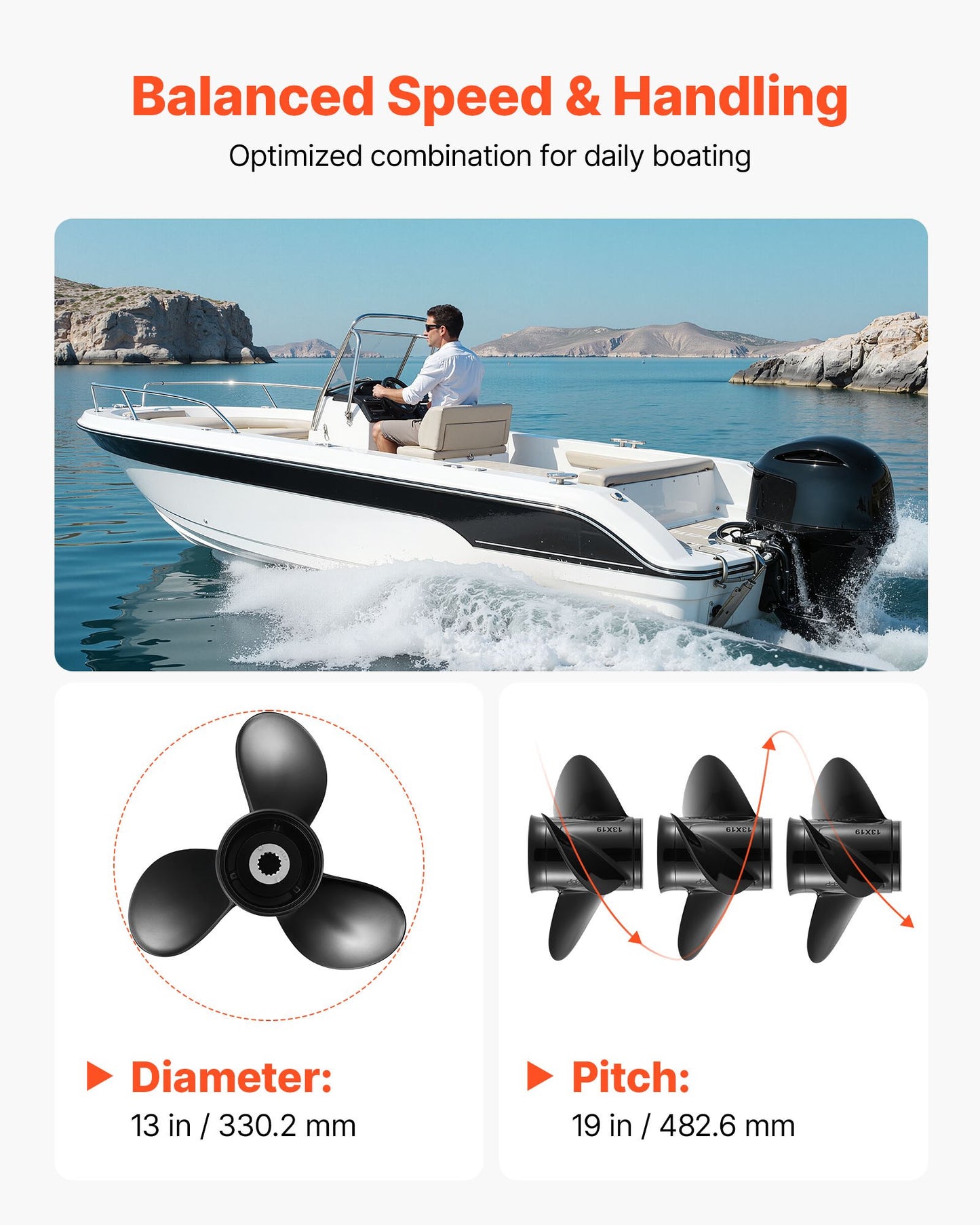 Marine Outboard Propeller 3-Blade RH Fit Mercury 40-140 HP Aluminum