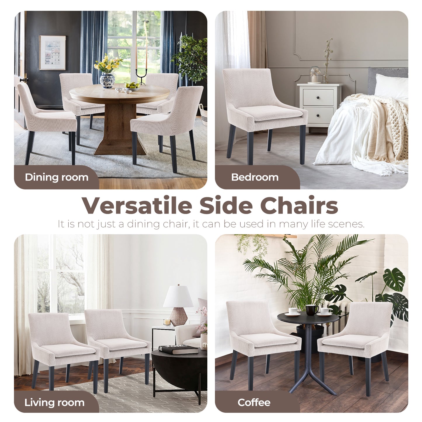 Upholstered Dining Chairs Set of 2 - Mid Back, Wood Legs