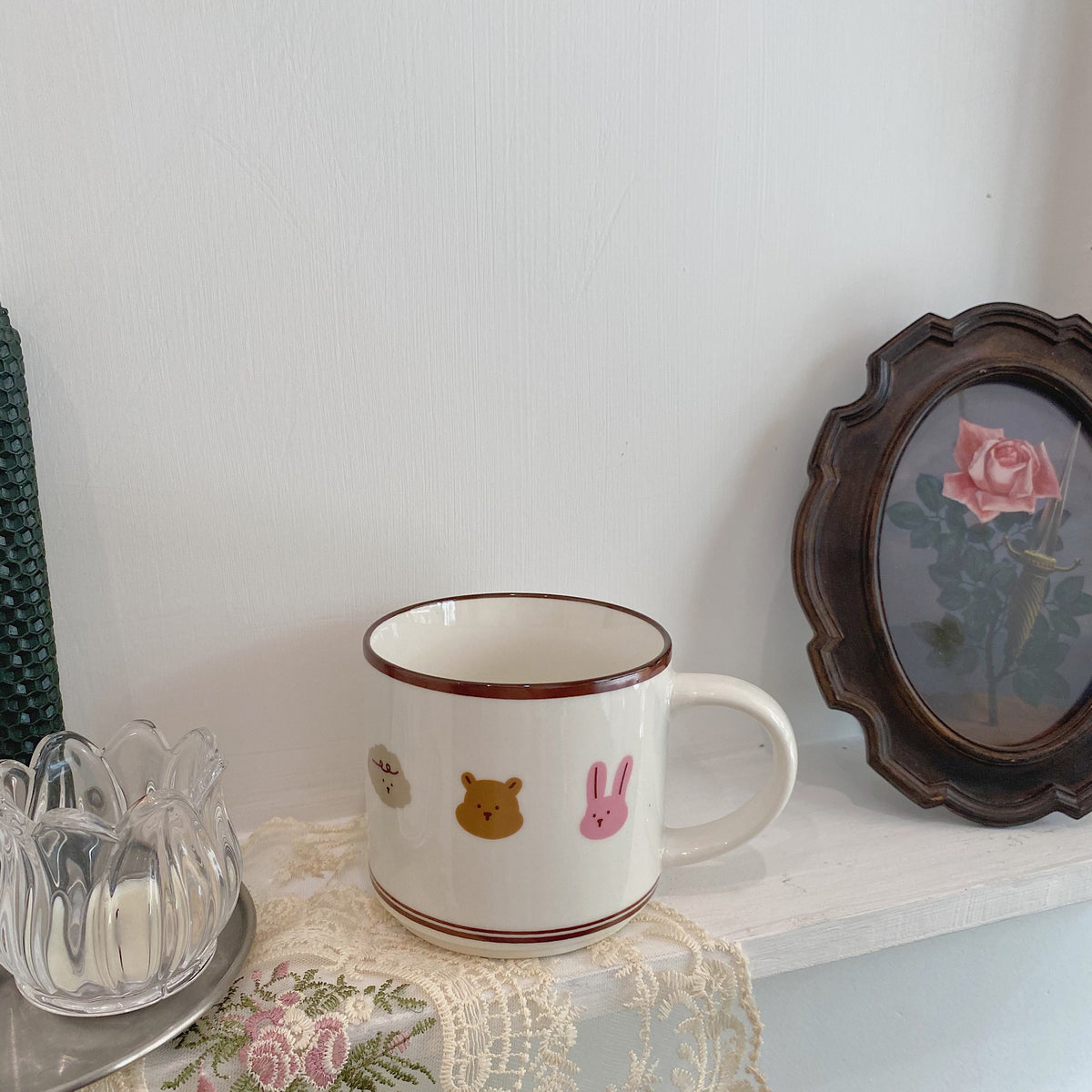 Large Capacity Ceramic Coffee Mug - Bear and Rabbit Cartoon Design