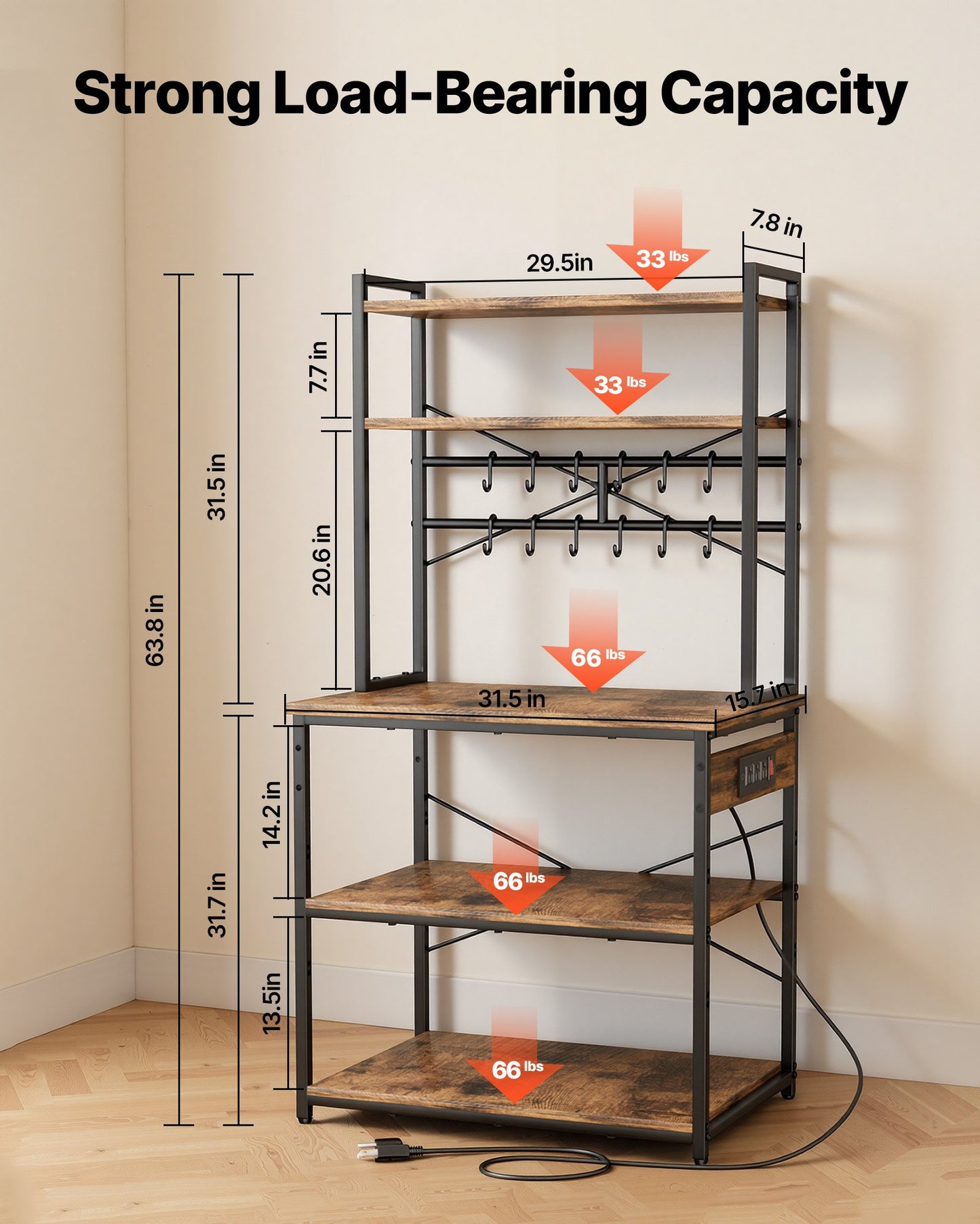 5 Ft Kitchen Bakers Rack with Power Outlet and Hooks - Black Steel Stand for Kitchen Storage