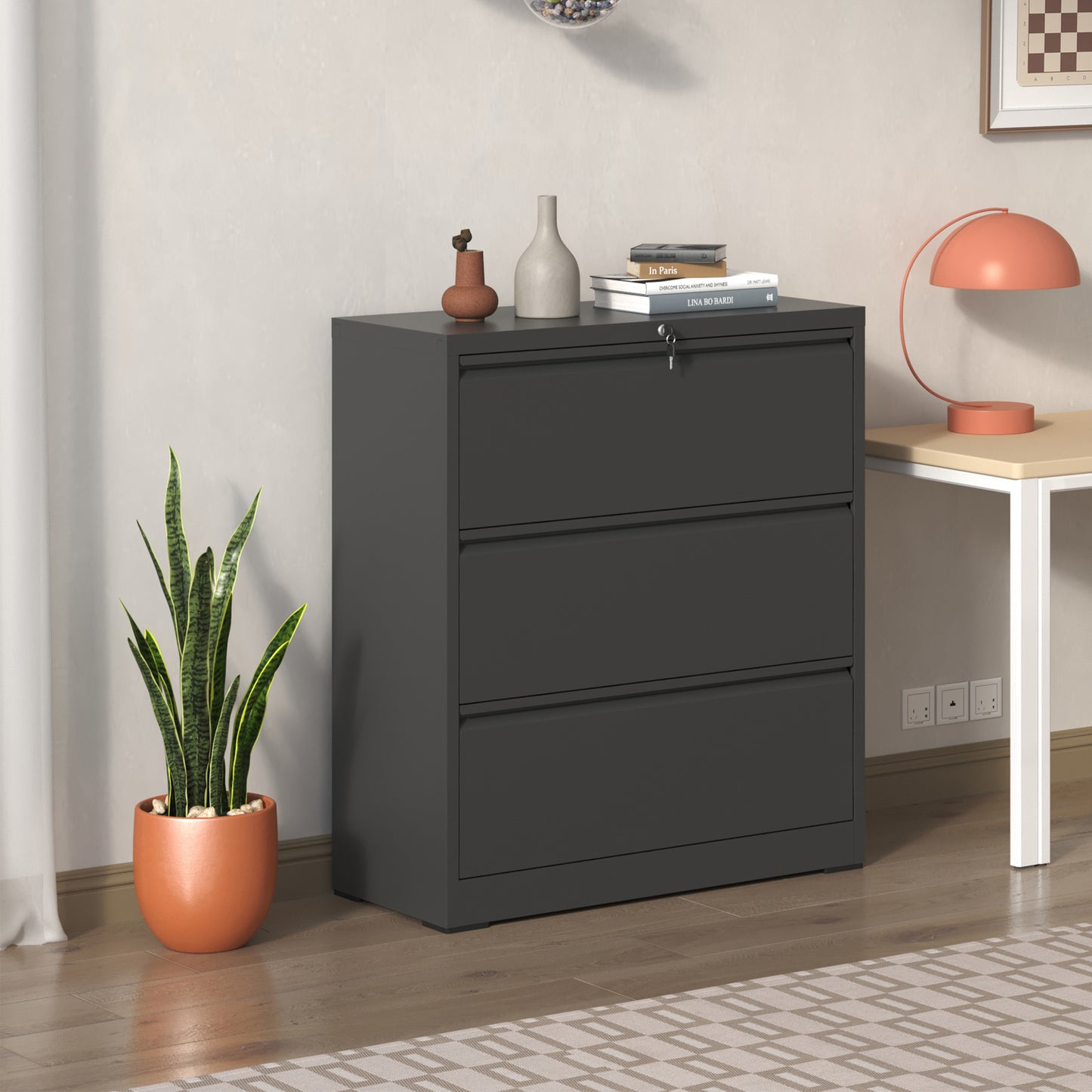 Lateral File Cabinet 3 Drawer, Black Filing With Lock, Lockable For