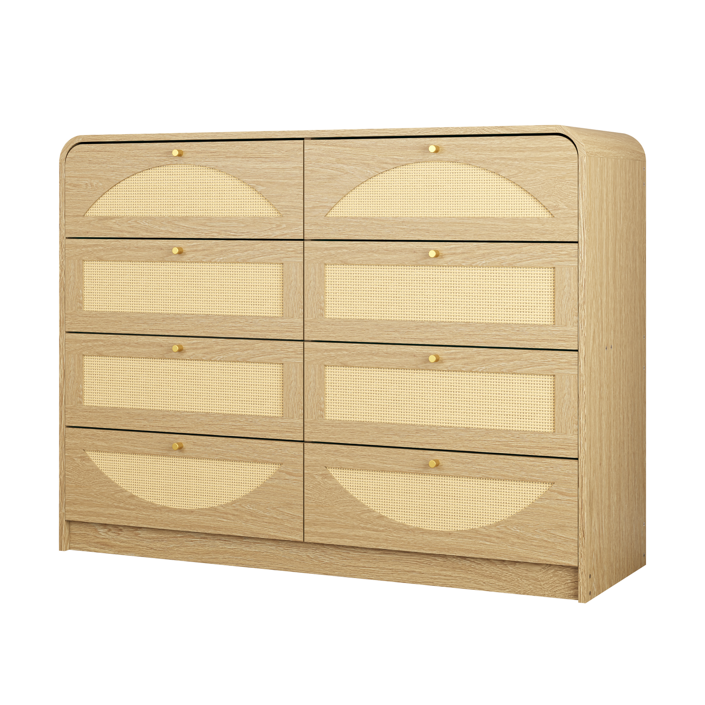 Natural 8-Drawer Dresser with Rattan Front - Wide Storage Cabinet