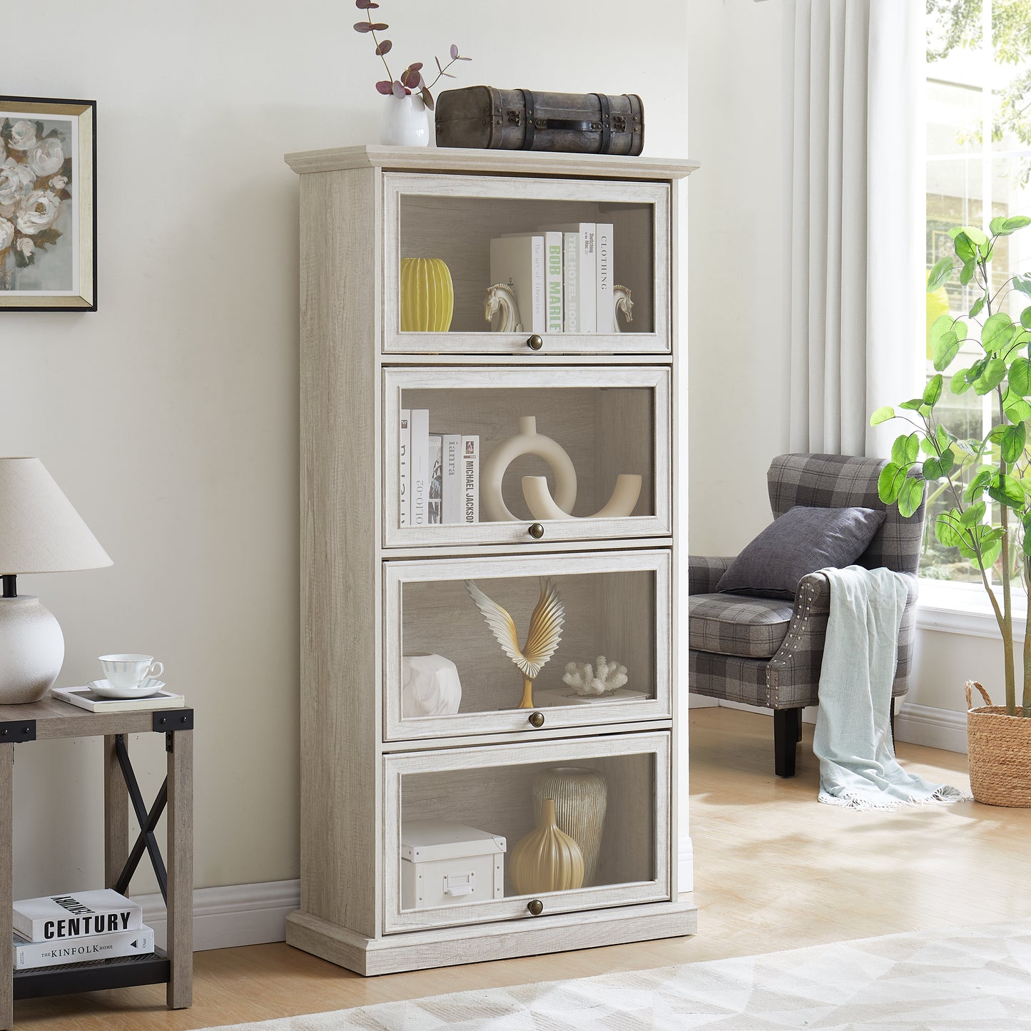 Glass Display Cabinet - 4 Tier Curio Storage with Flip-Up Doors