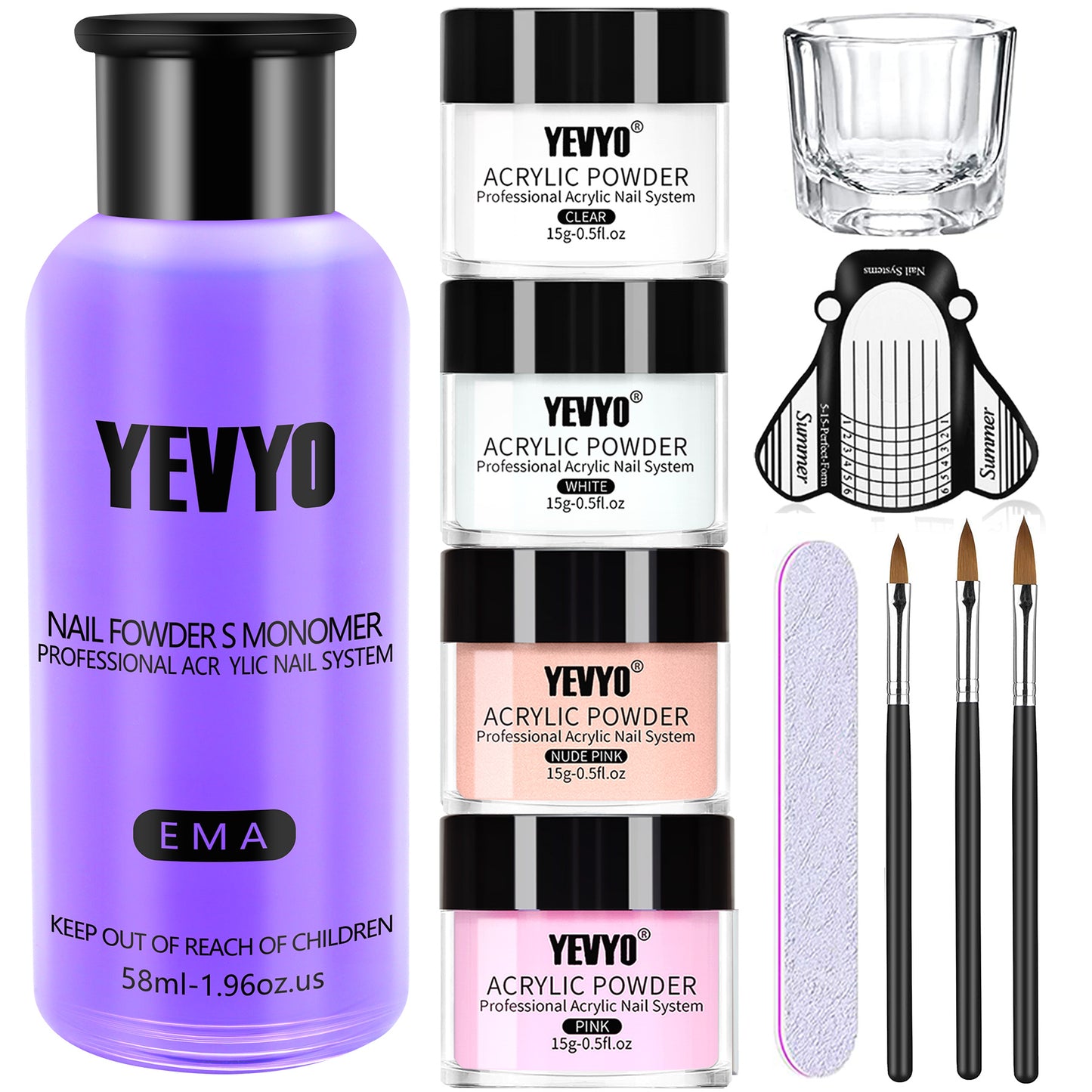 Complete Acrylic Nail Kit with Monomer, 4 Powders, Brushes & Nail Forms