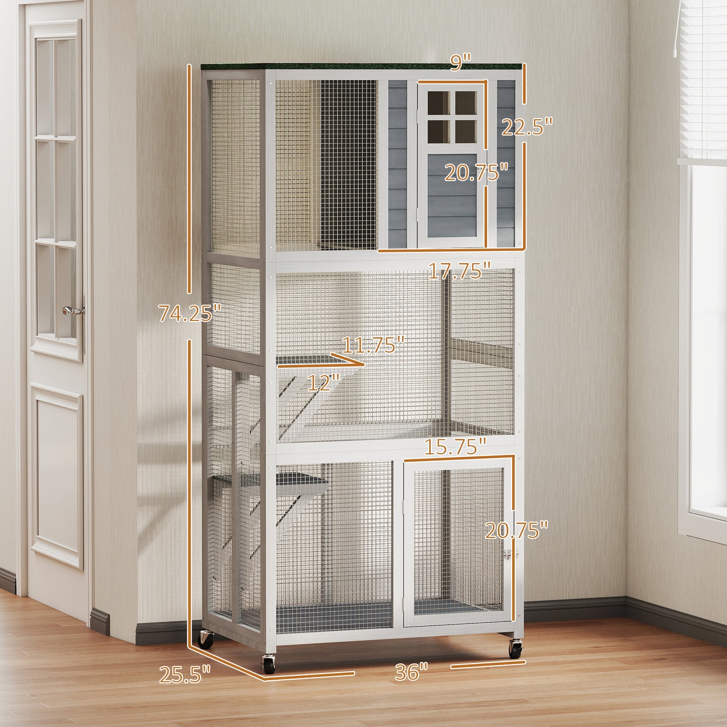 74-Inch Wooden Outdoor Cat Enclosure Weatherproof Wheeled Kitten Cage in White