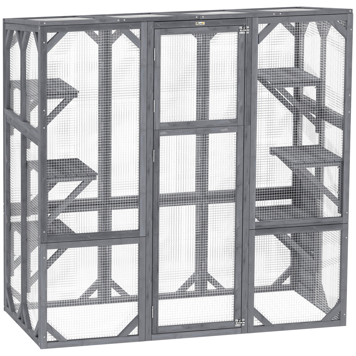 Large Wooden Cat Catio with 6 Jumping Platforms, Weatherproof Roof, Gray