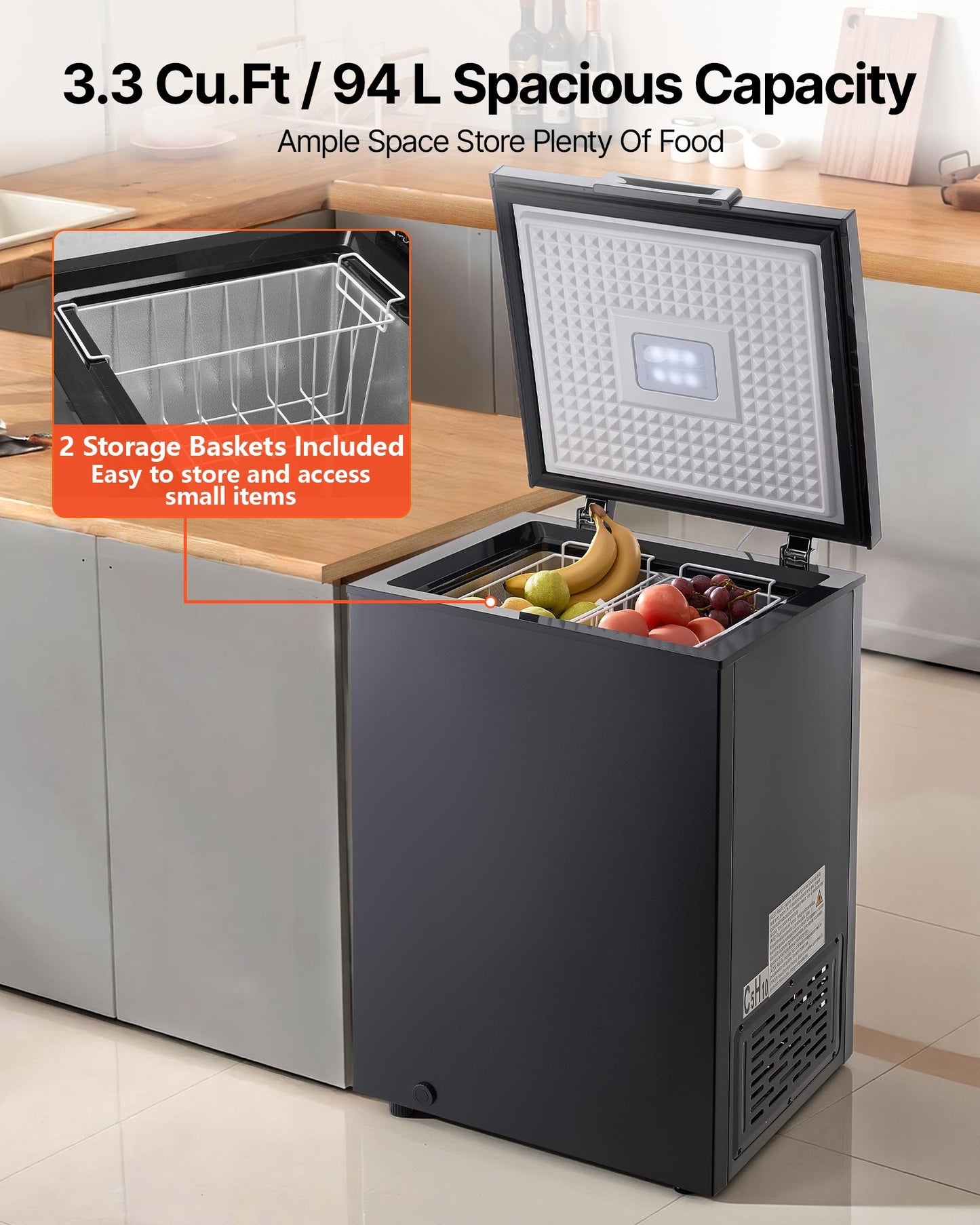 Vevor 3.3 Cu.ft Compact Chest Freezer - Energy Efficient Garage-Ready Freezer with Baskets