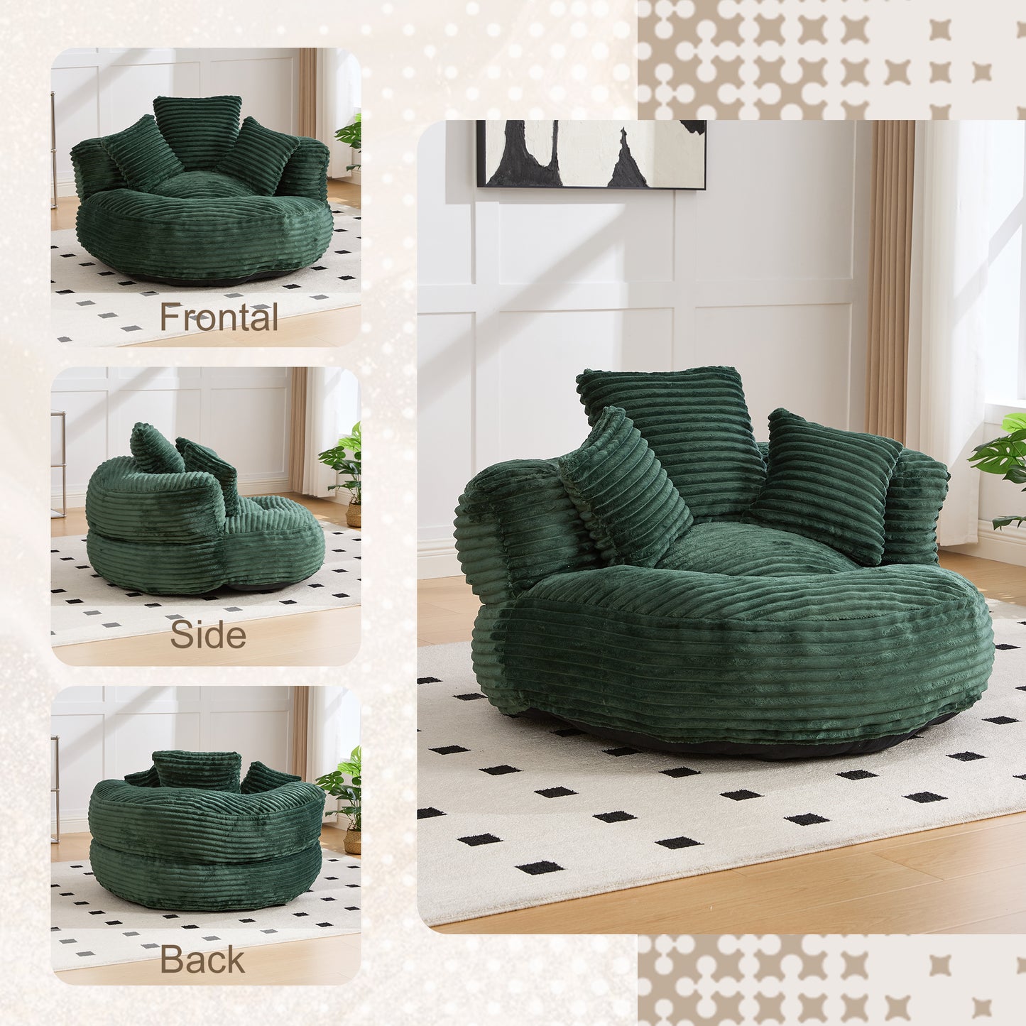 Oversized Corduroy Bean Bag Chair with 3 Pillows - Emerald