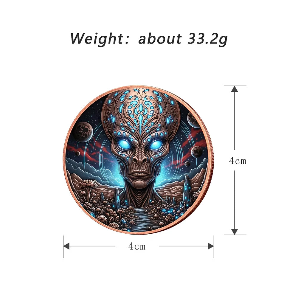 Sci-Fi Gray Alien Challenge Coin - Blue Metal Collectible Medallion