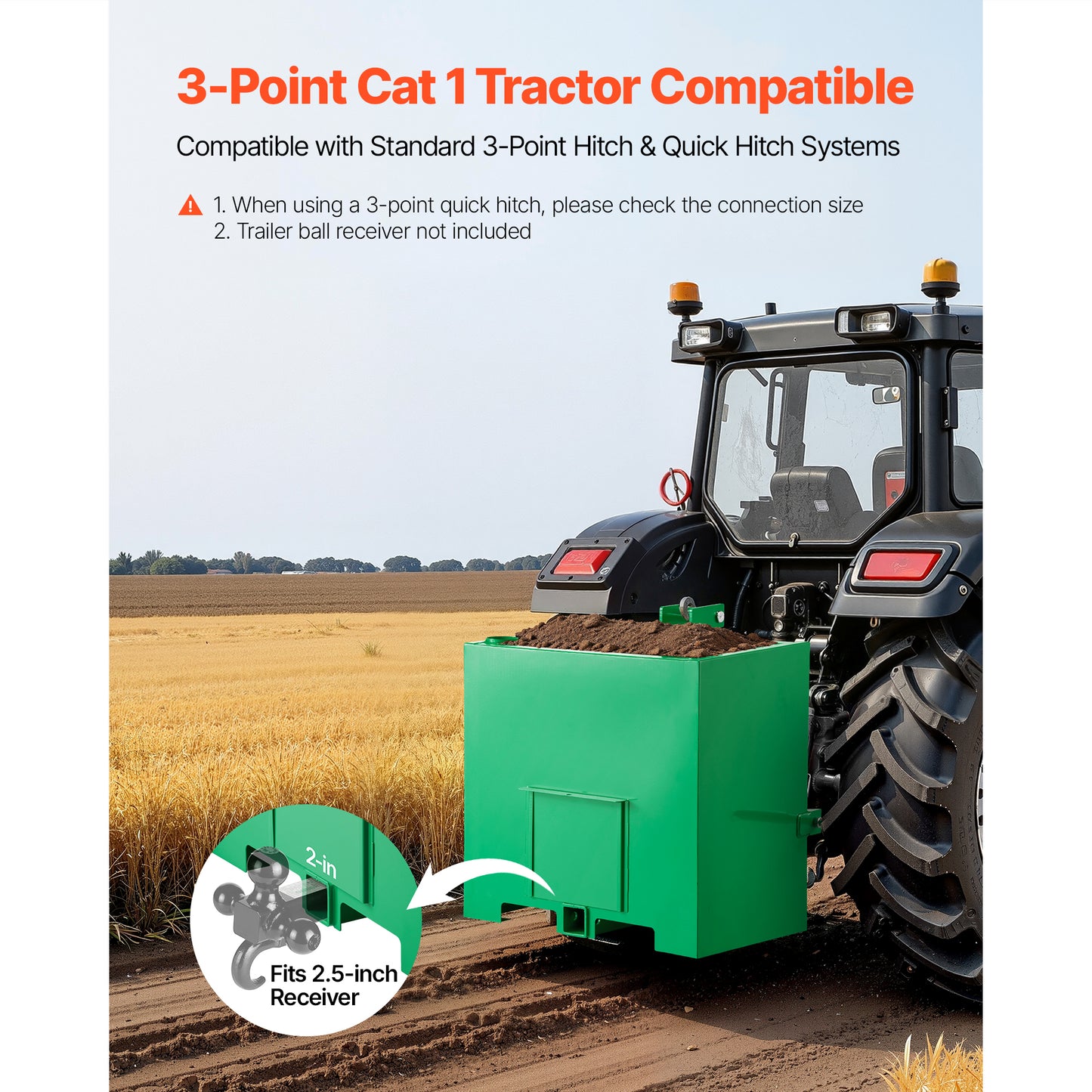 Heavy-Duty Tractor Ballast Box 800 Lb Capacity with 2-Inch Hitch Steel Loader Attachment
